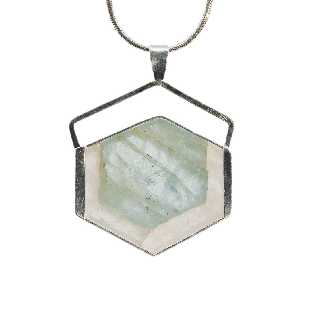 Aquamarine 51.5ct Gem Crystal Slice Sterling Silver Handcrafted Honeycomb Pendant - JJO-062 - Crystalarium