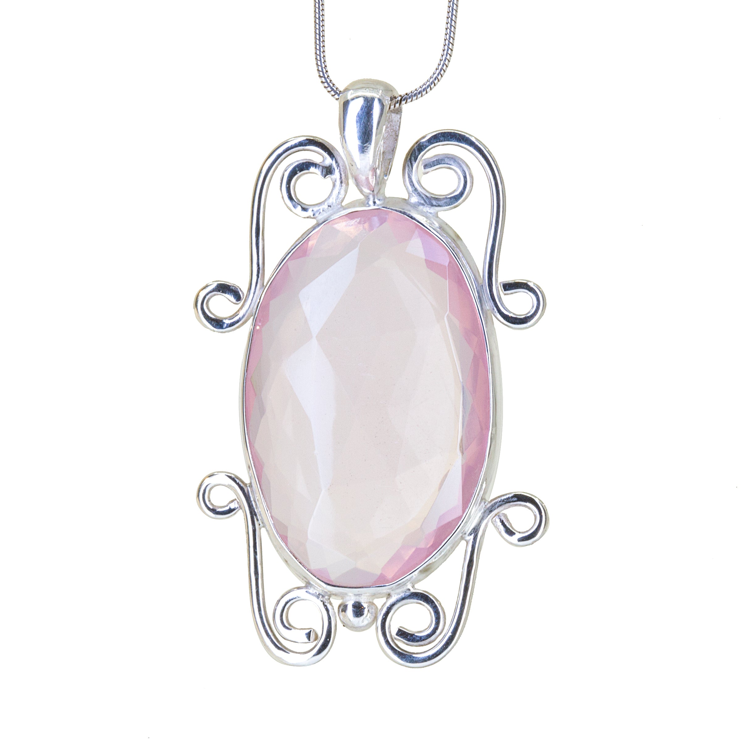 Rose Quartz 23.38 carat Rosecut Handcrafted Sterling Silver Scrollwork Pendant - BBO-298 - Crystalarium