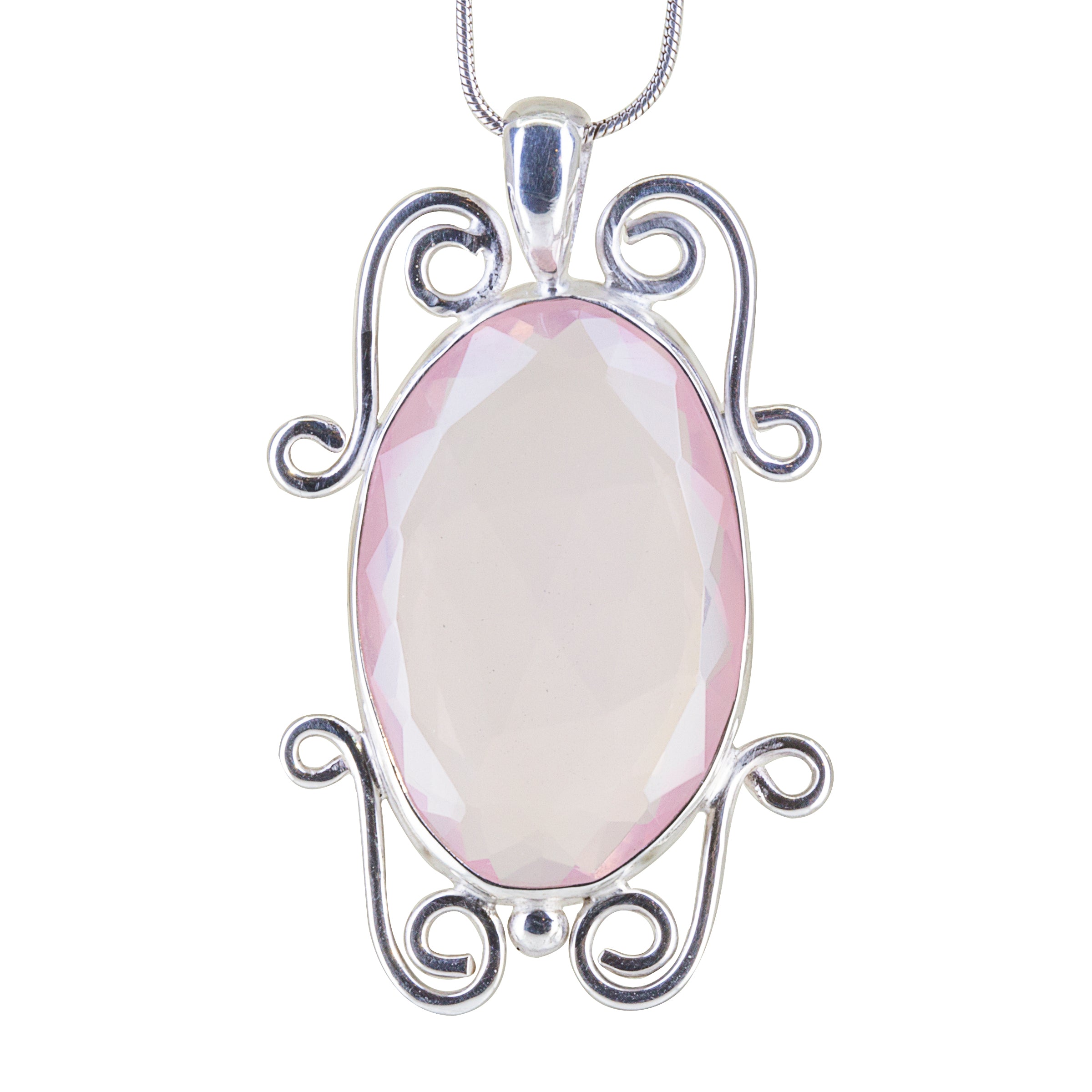 Rose Quartz 23.38 carat Rosecut Handcrafted Sterling Silver Scrollwork Pendant - BBO-298 - Crystalarium