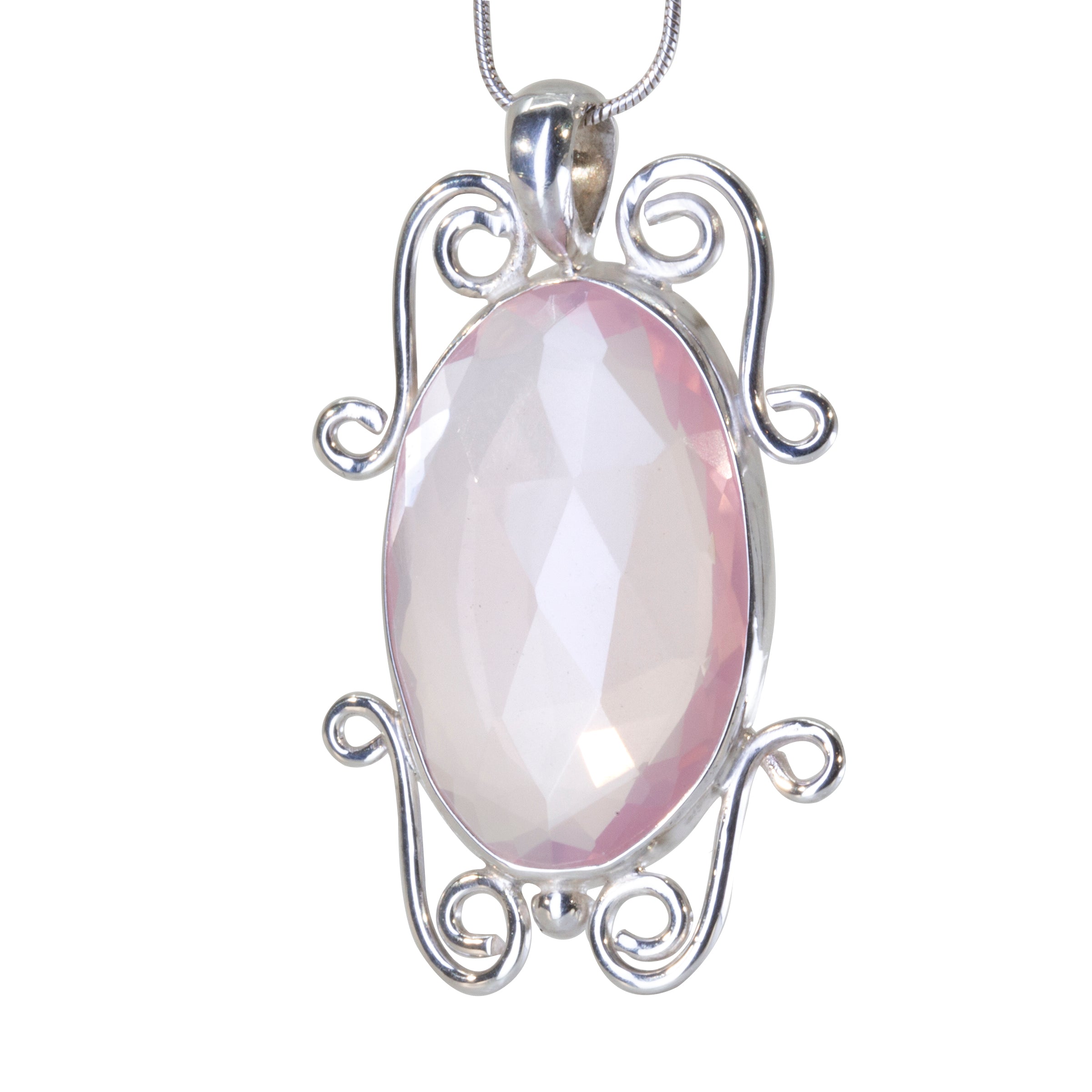 Rose Quartz 23.38 carat Rosecut Handcrafted Sterling Silver Scrollwork Pendant - BBO-298 - Crystalarium