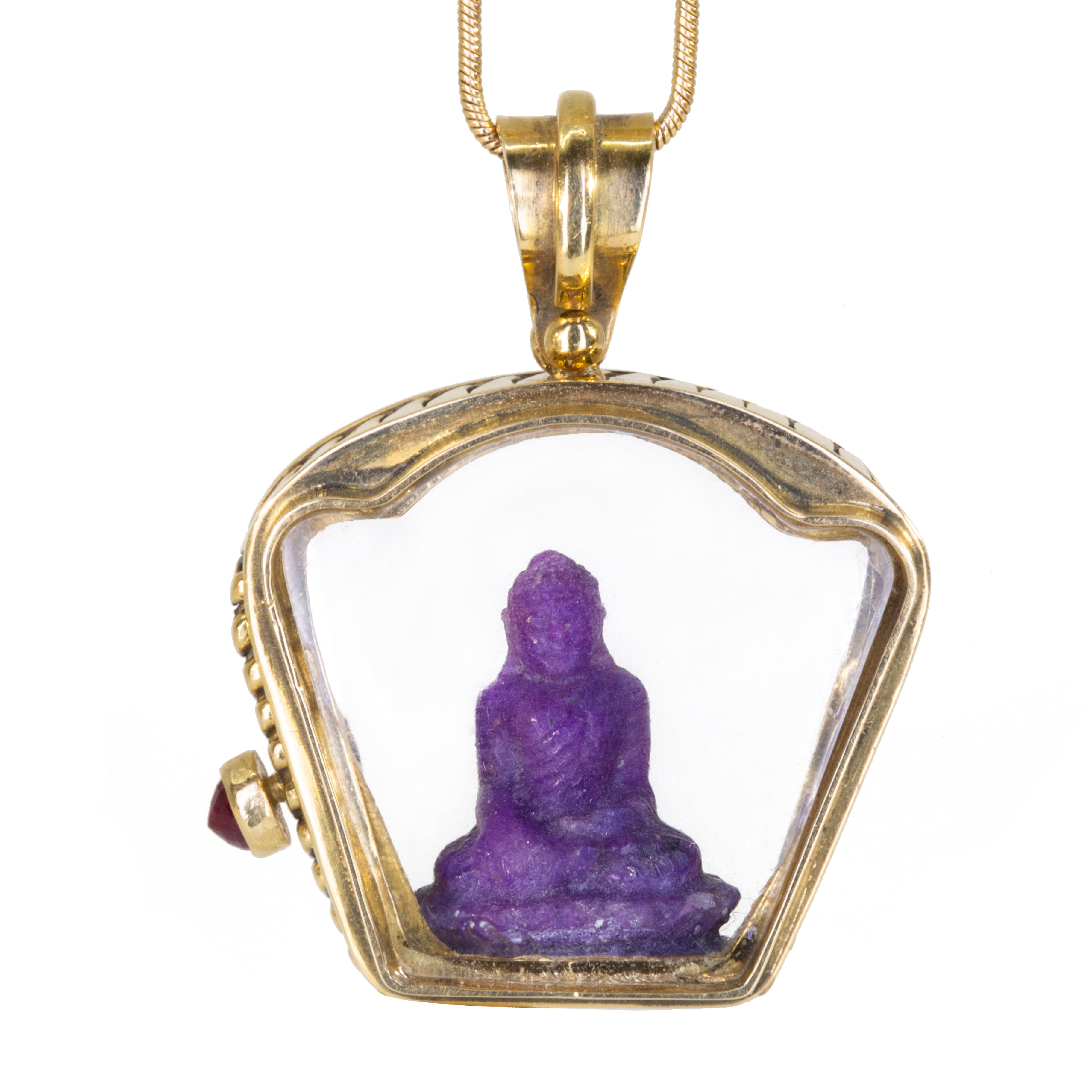 Sugilite Buddha Carving with Ruby 18K Handcrafted Hinged Altar Pendant - CCO-324 - Crystalarium