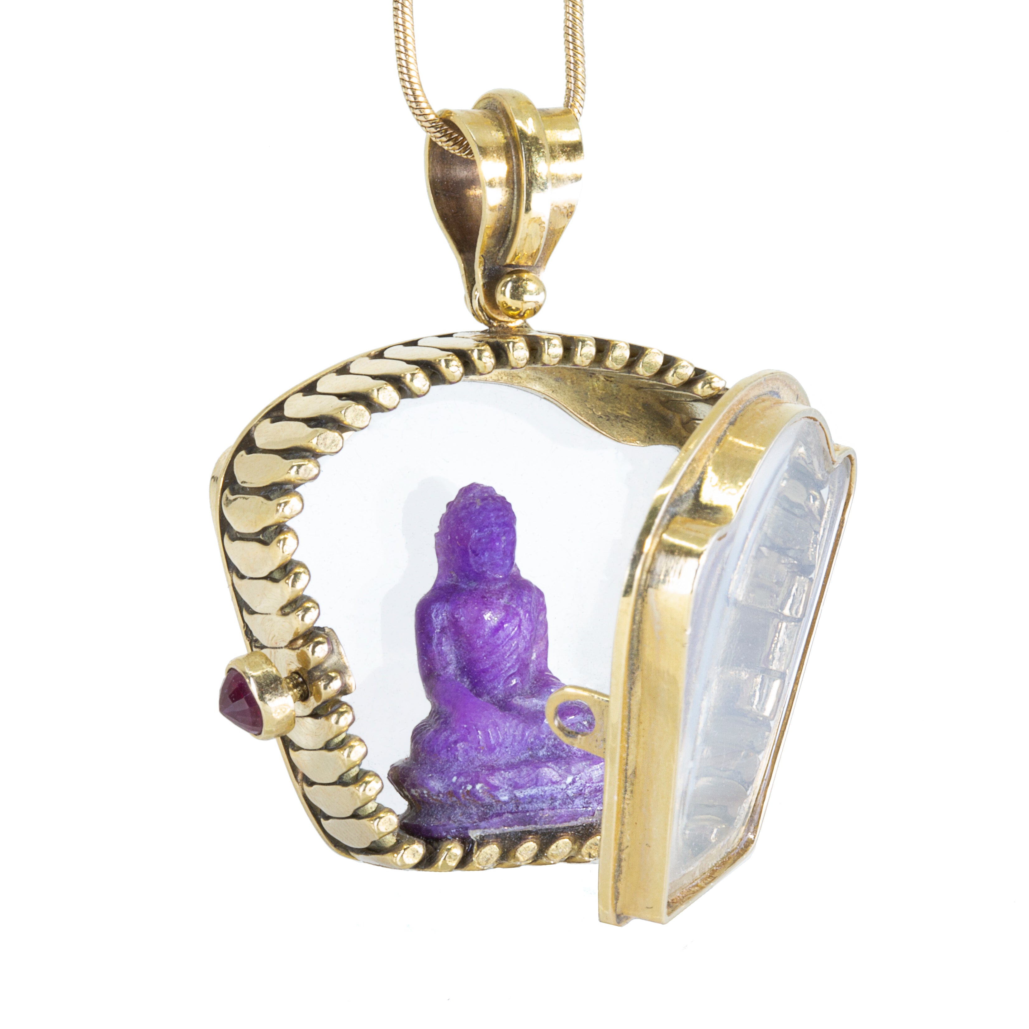 Sugilite Buddha Carving with Ruby 18K Handcrafted Hinged Altar Pendant - CCO-324 - Crystalarium