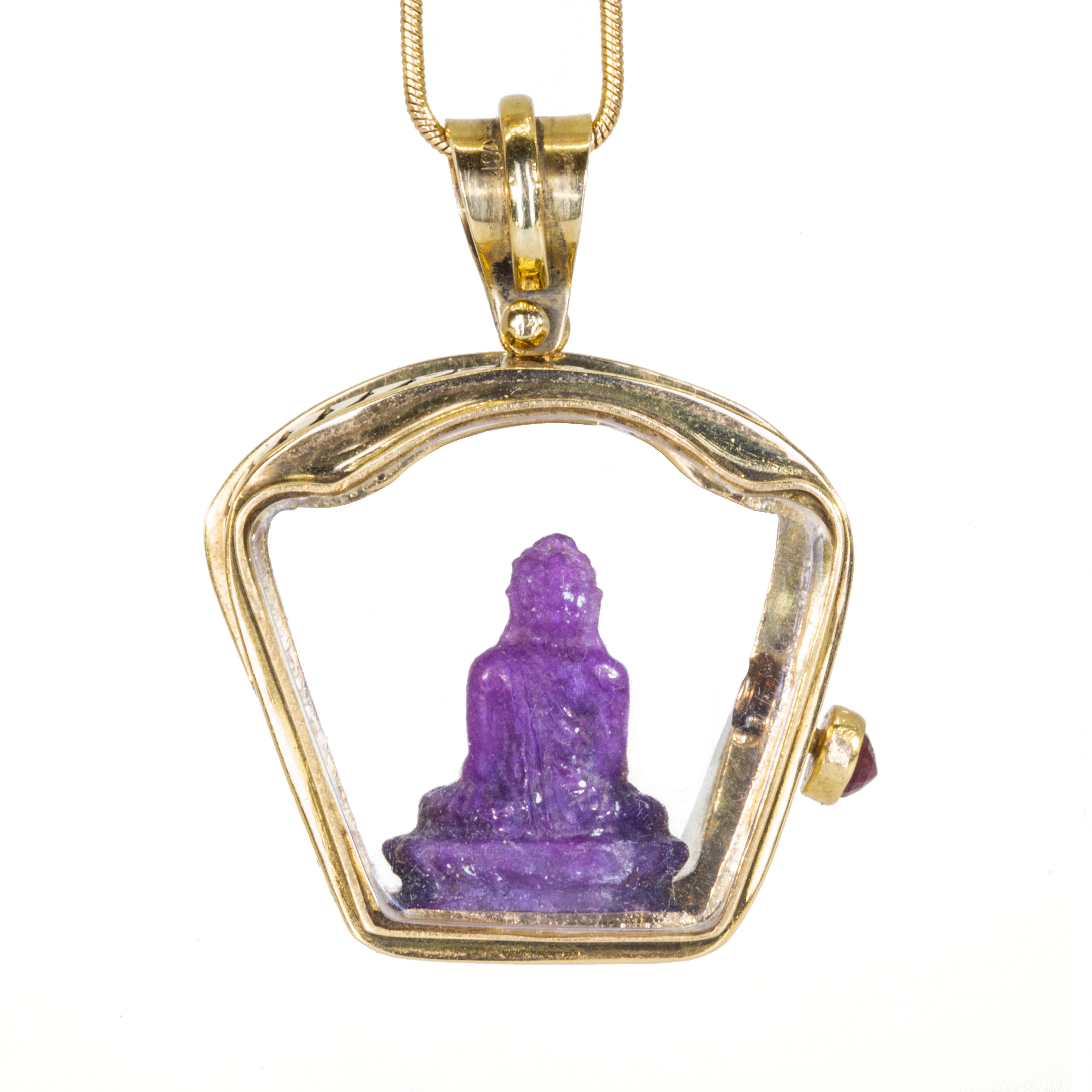 Sugilite Buddha Carving with Ruby 18K Handcrafted Hinged Altar Pendant - CCO-324 - Crystalarium