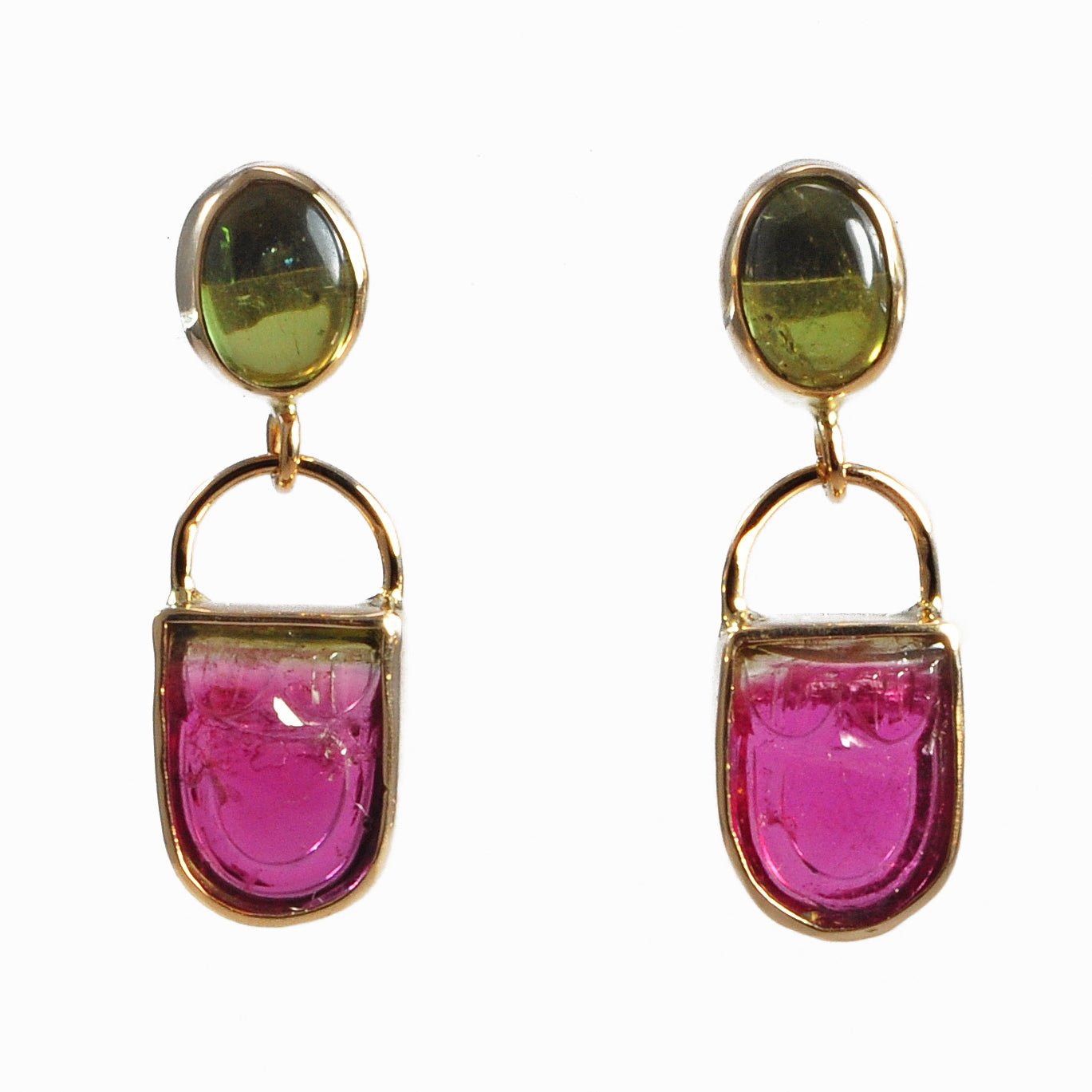 Bi-Color Tourmaline 6.02 ct with Green Tourmaline 2.68 ct Handcrafted 14K Carved Gemstone Earrings - FFO-053 - Crystalarium