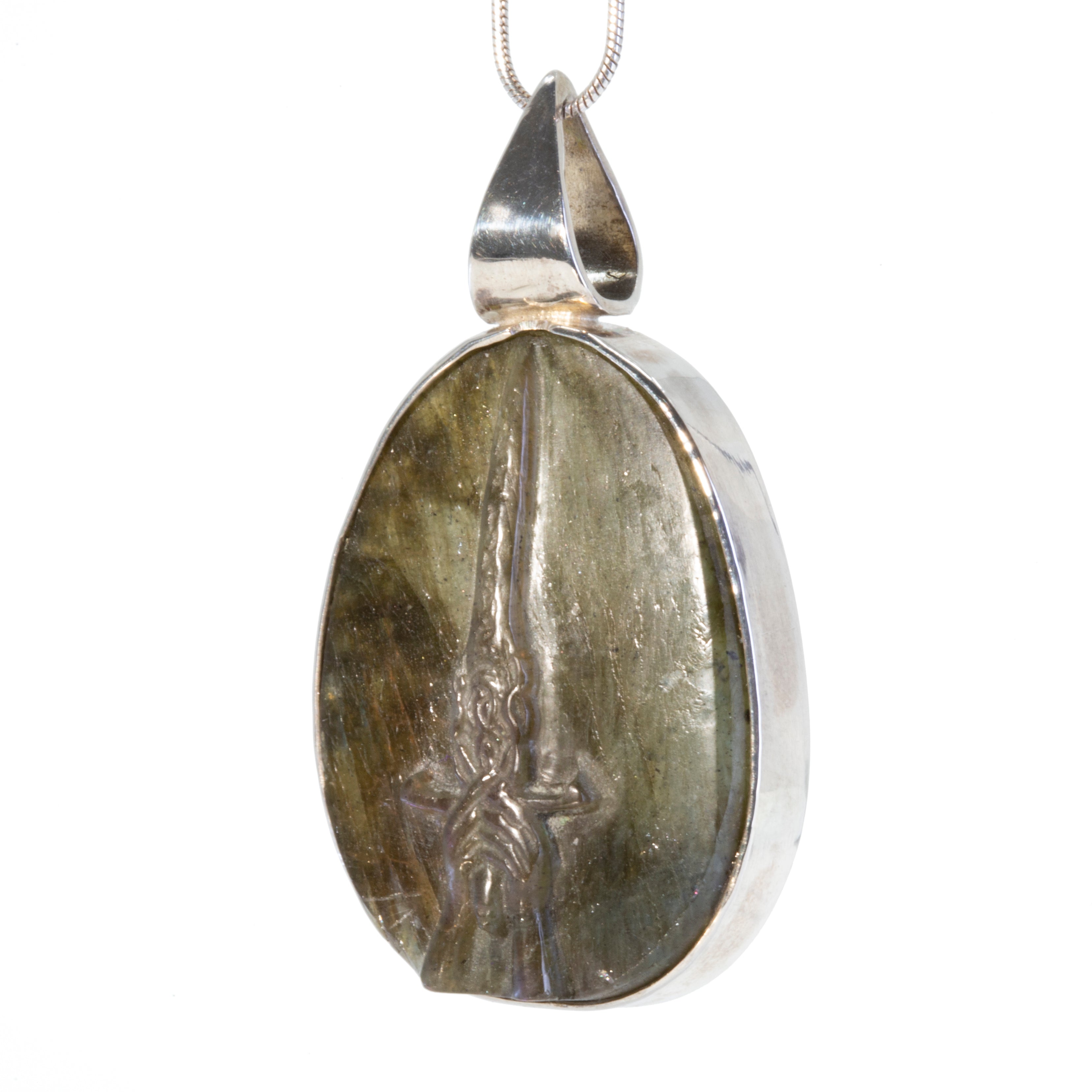 Labradorite 37.3 carat Excalibur Carving Sterling Silver Handcrafted Pendant - FFO-132 - Crystalarium