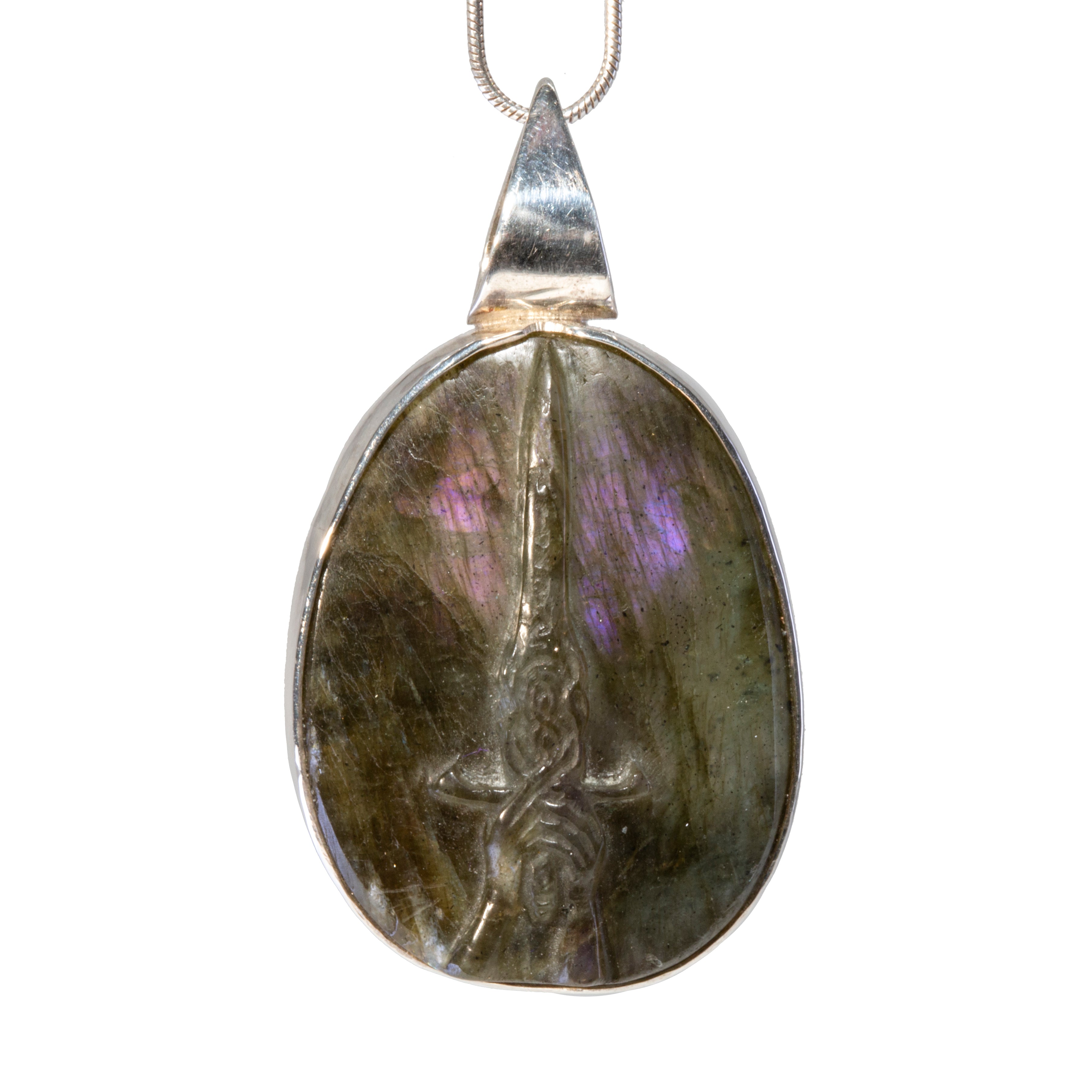 Labradorite 37.3 carat Excalibur Carving Sterling Silver Handcrafted Pendant - FFO-132 - Crystalarium