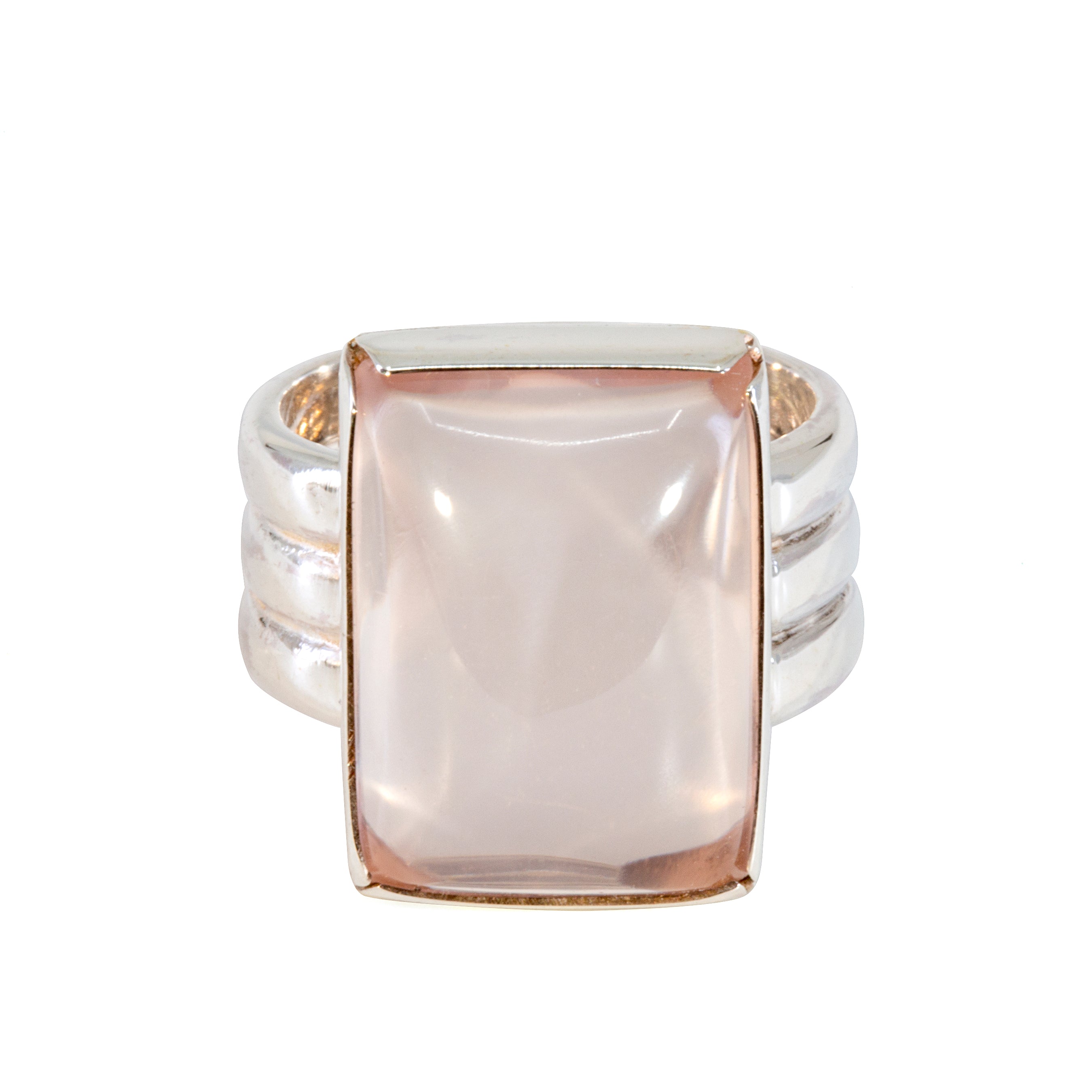 Rose Quartz Square Cabochon Handcrafted Sterling Silver Triple Band Ring - QO-188 - Crystalarium