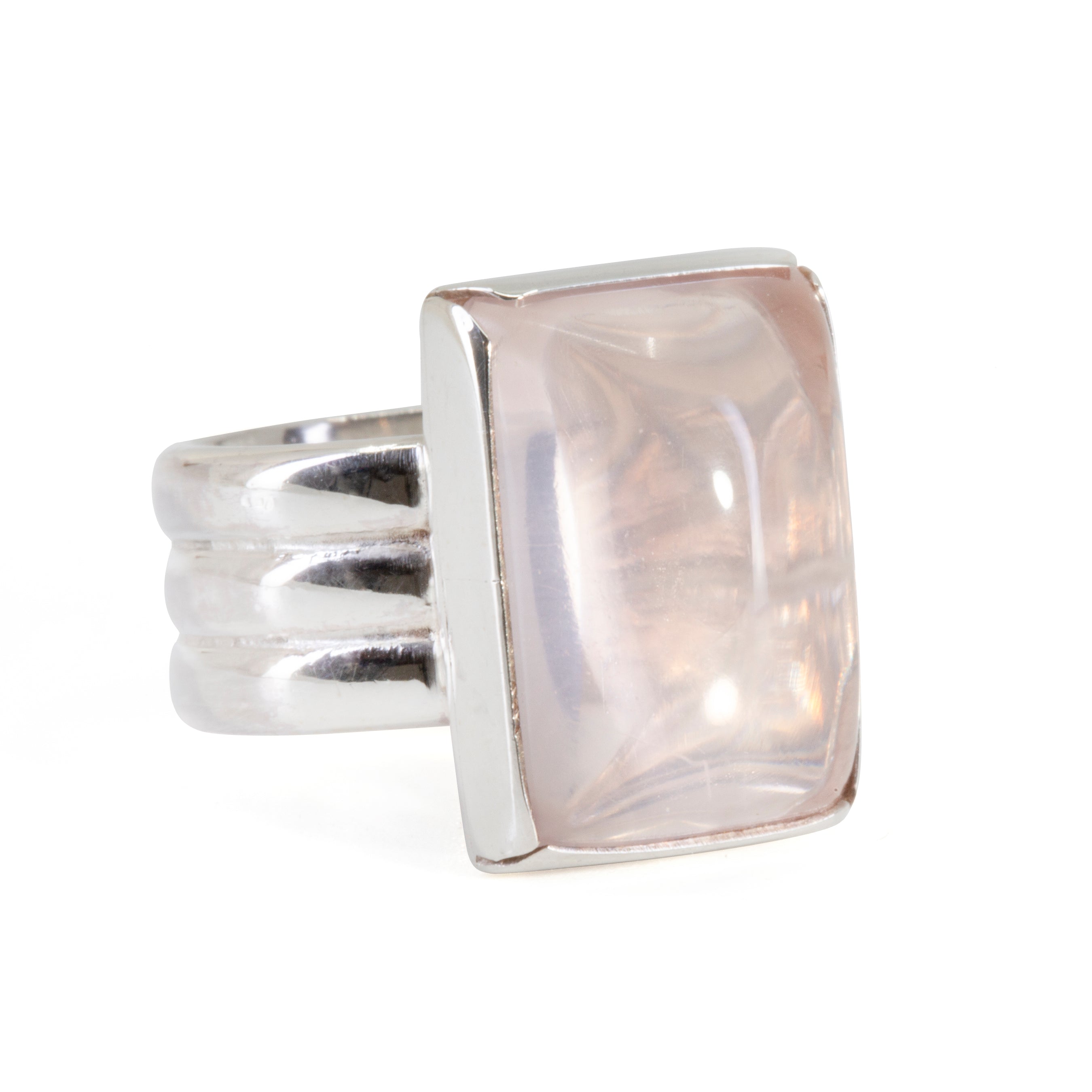 Rose Quartz Square Cabochon Handcrafted Sterling Silver Triple Band Ring - QO-188 - Crystalarium