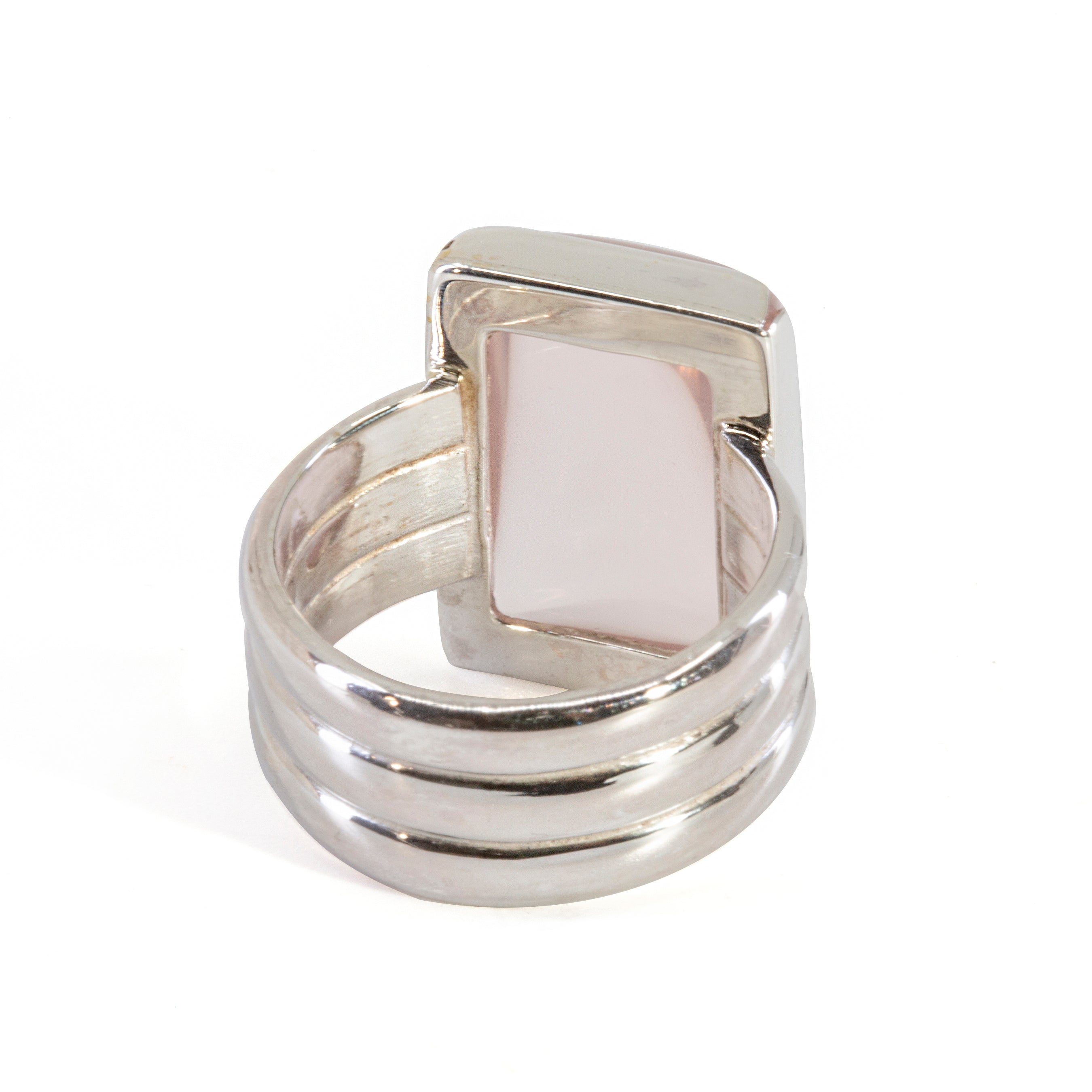 Rose Quartz Square Cabochon Handcrafted Sterling Silver Triple Band Ring - QO-188 - Crystalarium