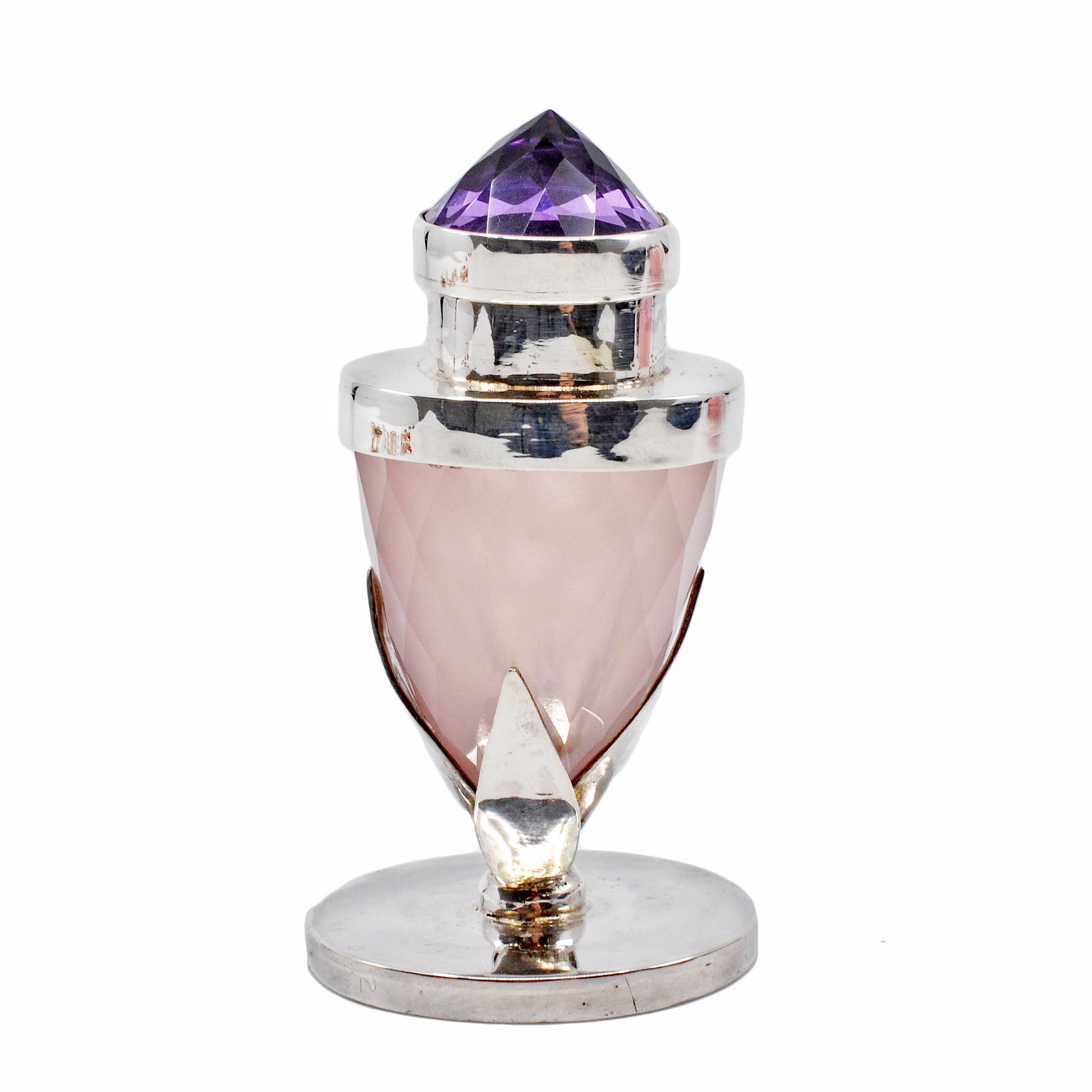 Rose Quartz 1.92 inch 137 carats with Amethyst Handcrafted Sterling Silver Perfume Bottle - DDR-040 - Crystalarium