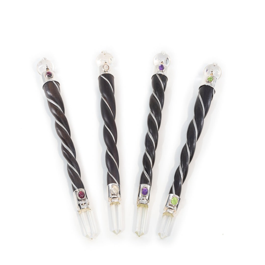 Rosewood and Gemstone Silver Tone Wands - India - KKS-010 - Crystalarium