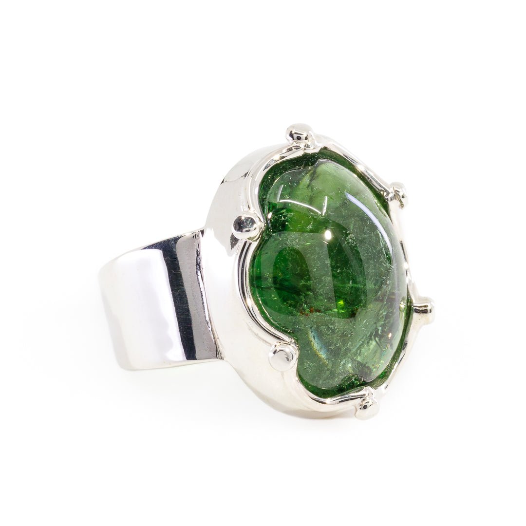 Green Tourmaline 18.65 Carat Sterling Silver Handcrafted Crown Ring - KKO-079 - Crystalarium