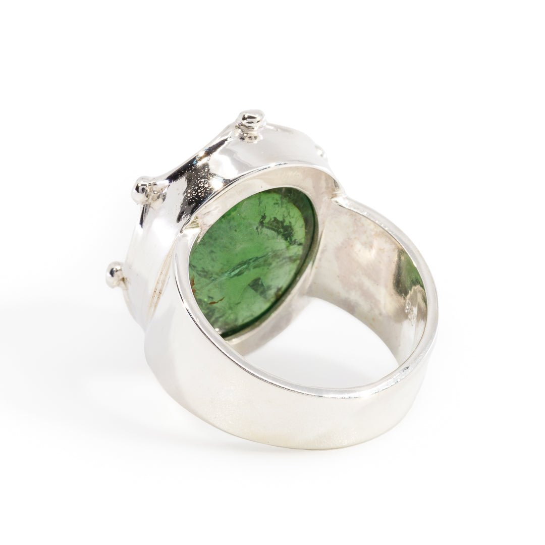 Green Tourmaline 18.65 Carat Sterling Silver Handcrafted Crown Ring - KKO-079 - Crystalarium