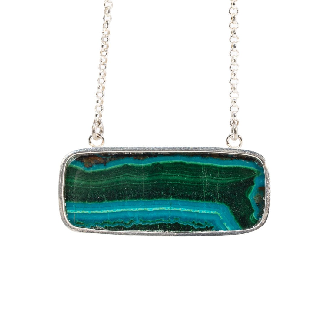 Malachite and Chrysocolla 33.33 Carat Cabochon Sterling Silver Handcrafted 20 Inch Necklace - LLO-011 - Crystalarium