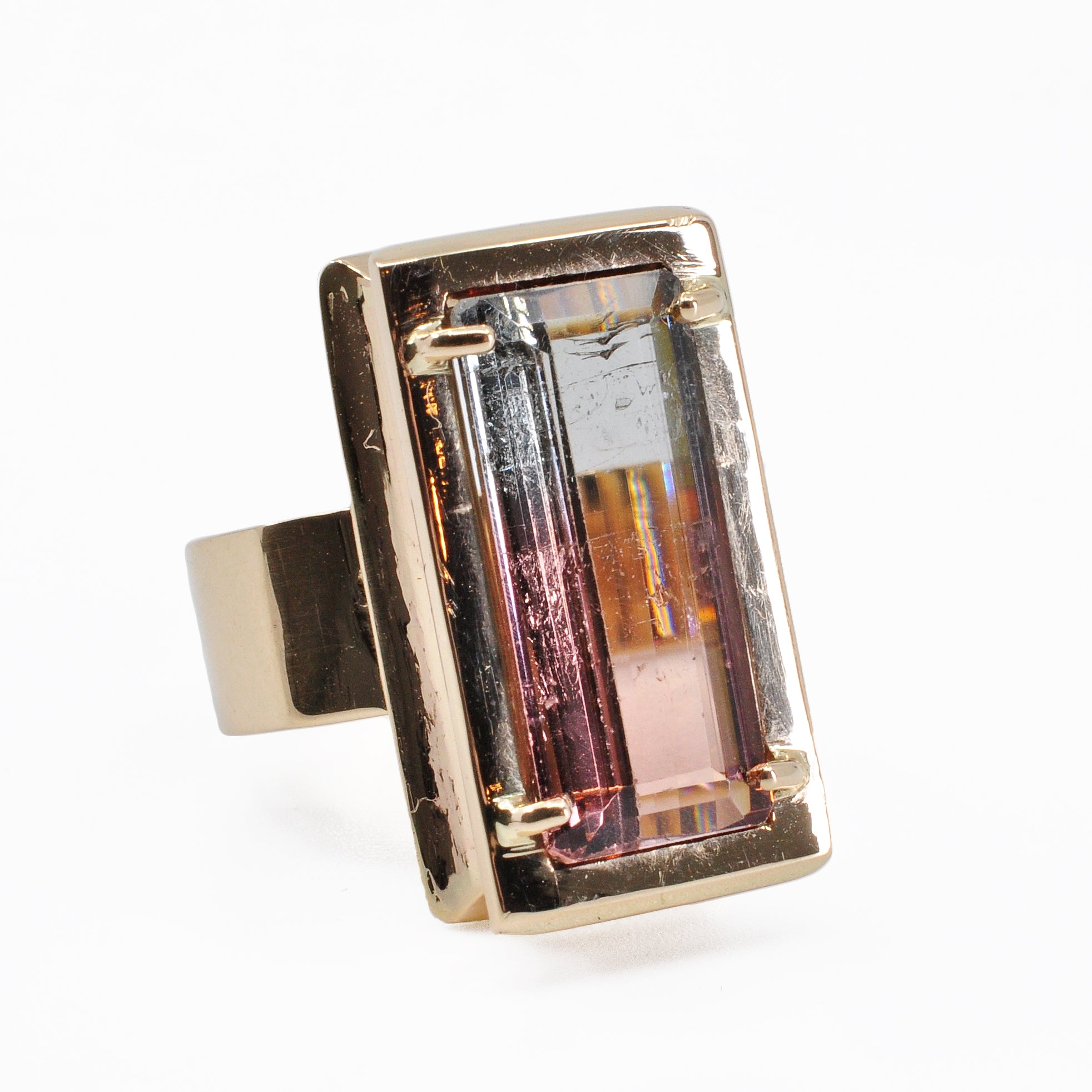Bi-color Pink and Blue Tourmaline 20.05 mm 9.63 carats Rectangle Faceted 14K Handcrafted Gemstone Ring - GGO-003 - Crystalarium