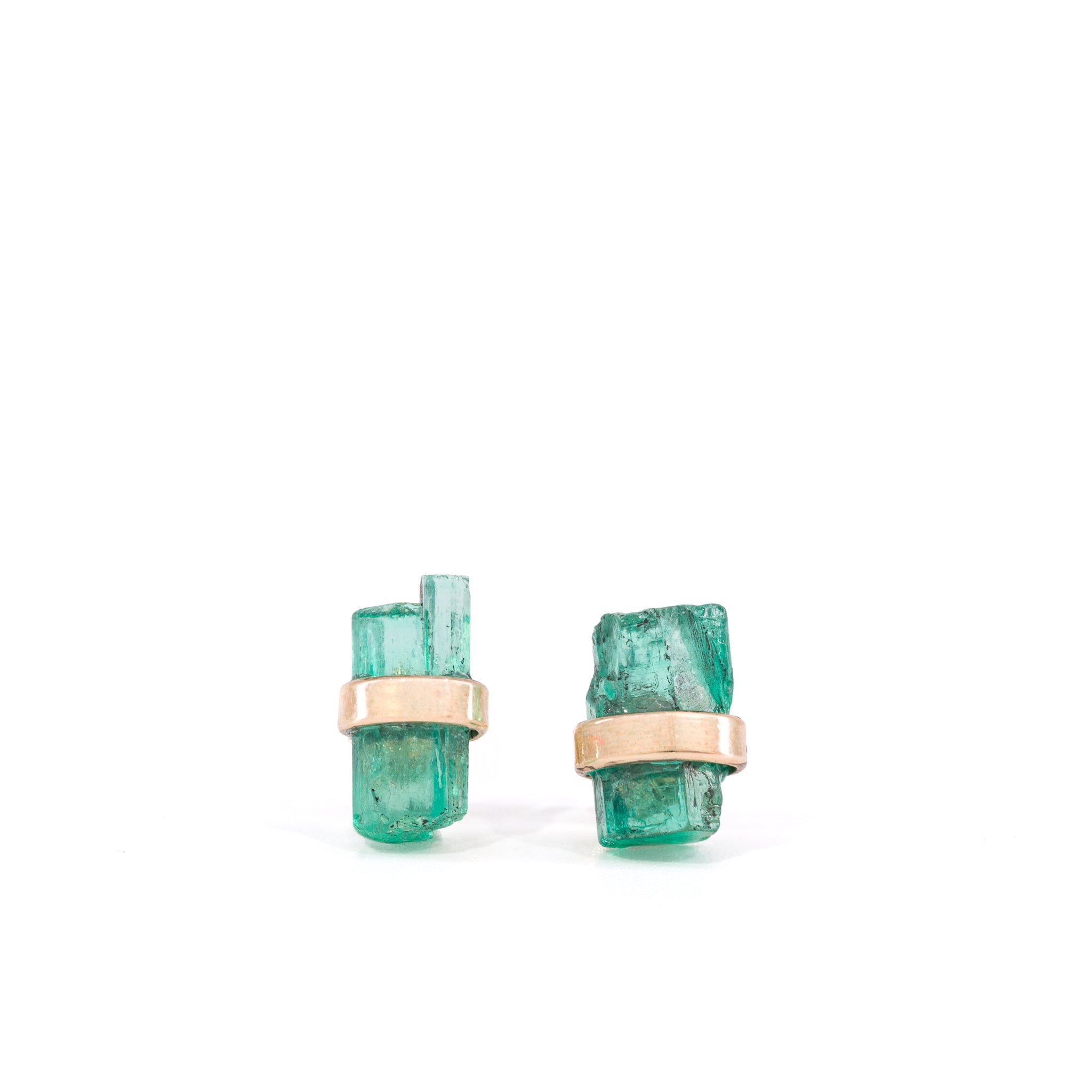 Natural Emerald crystal earrings handcrafted in 14K, front view