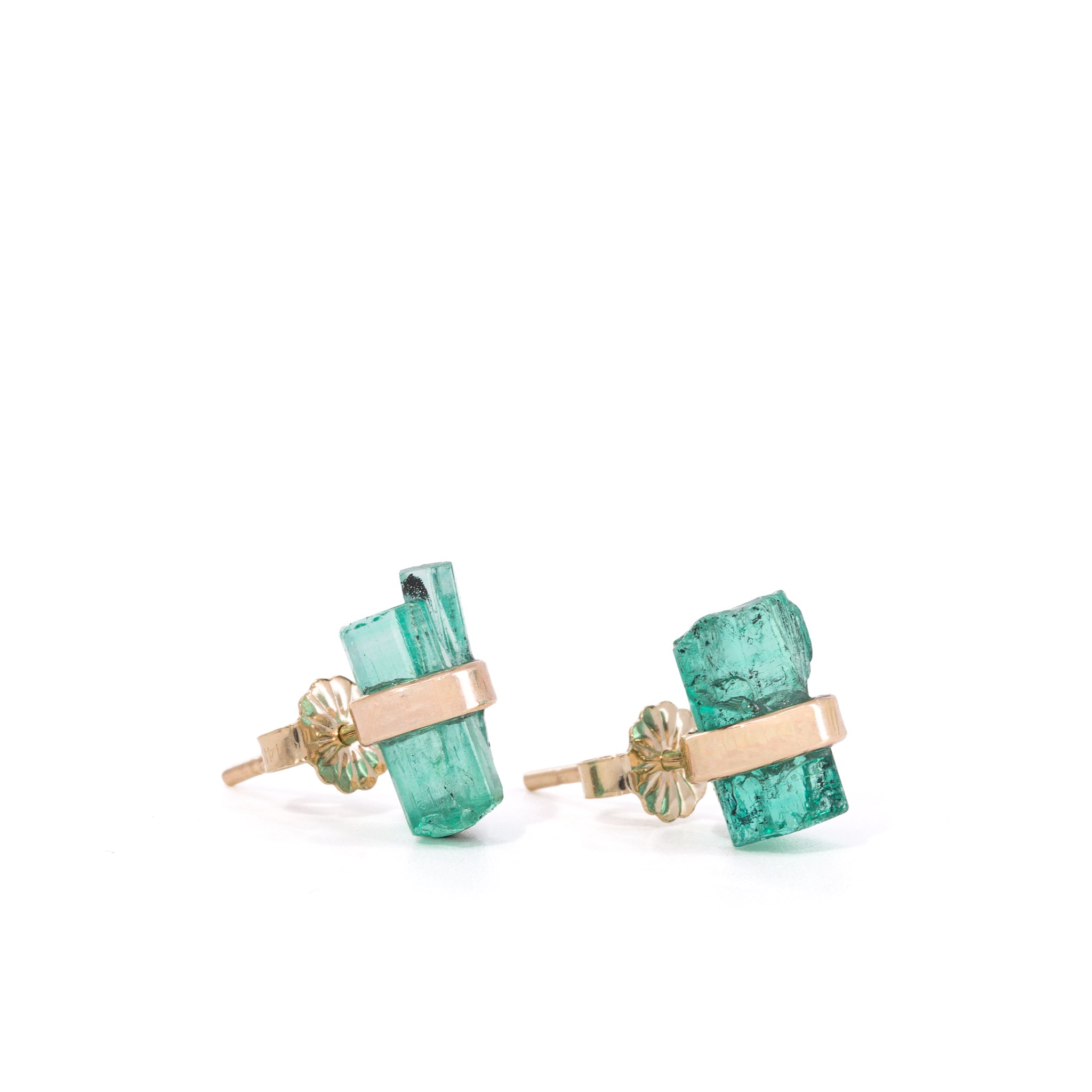 Natural Emerald crystal earrings handcrafted in 14K, angled pair view