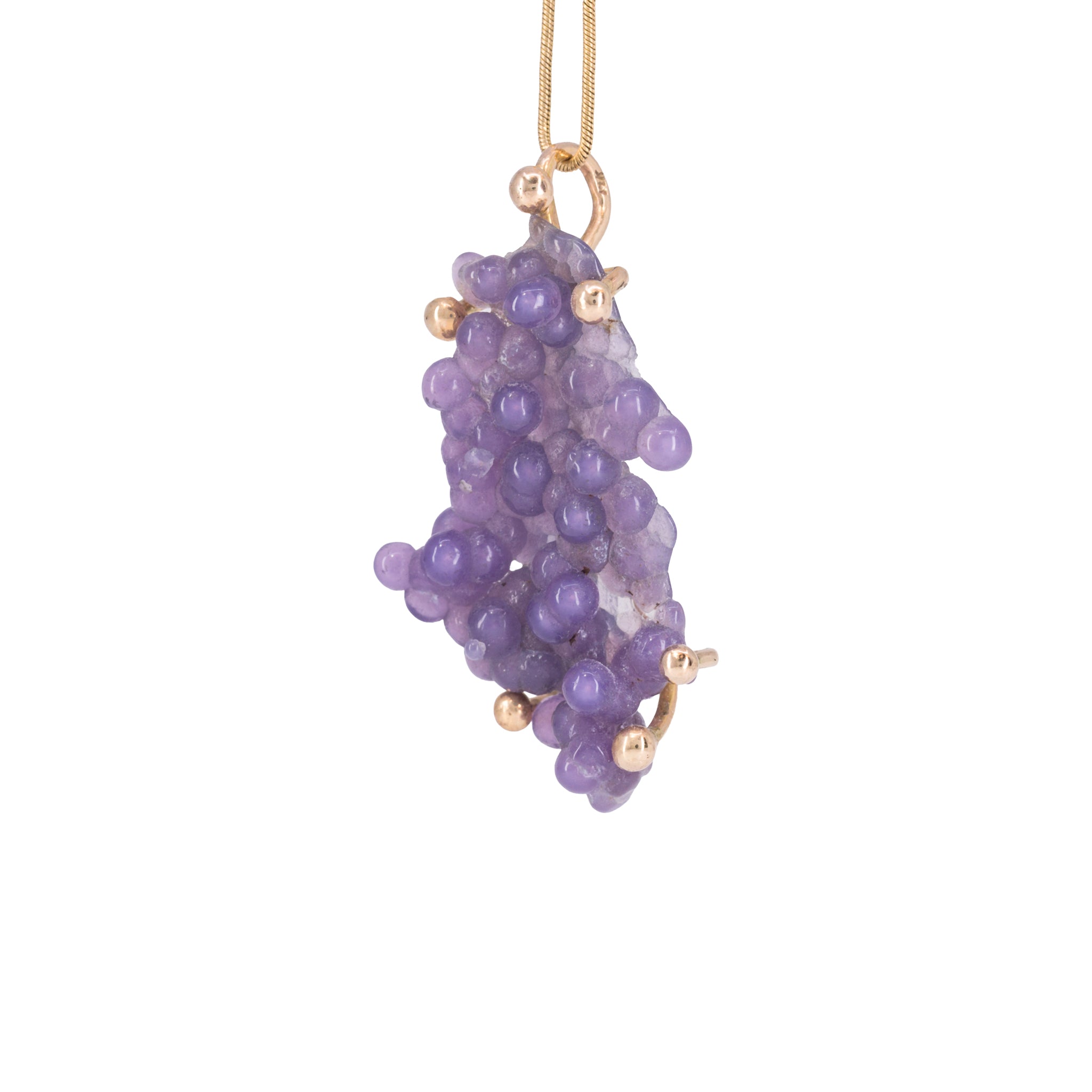 Botryoidal Grape Agate natural crystal pendant handcrafted in 14K, angled view