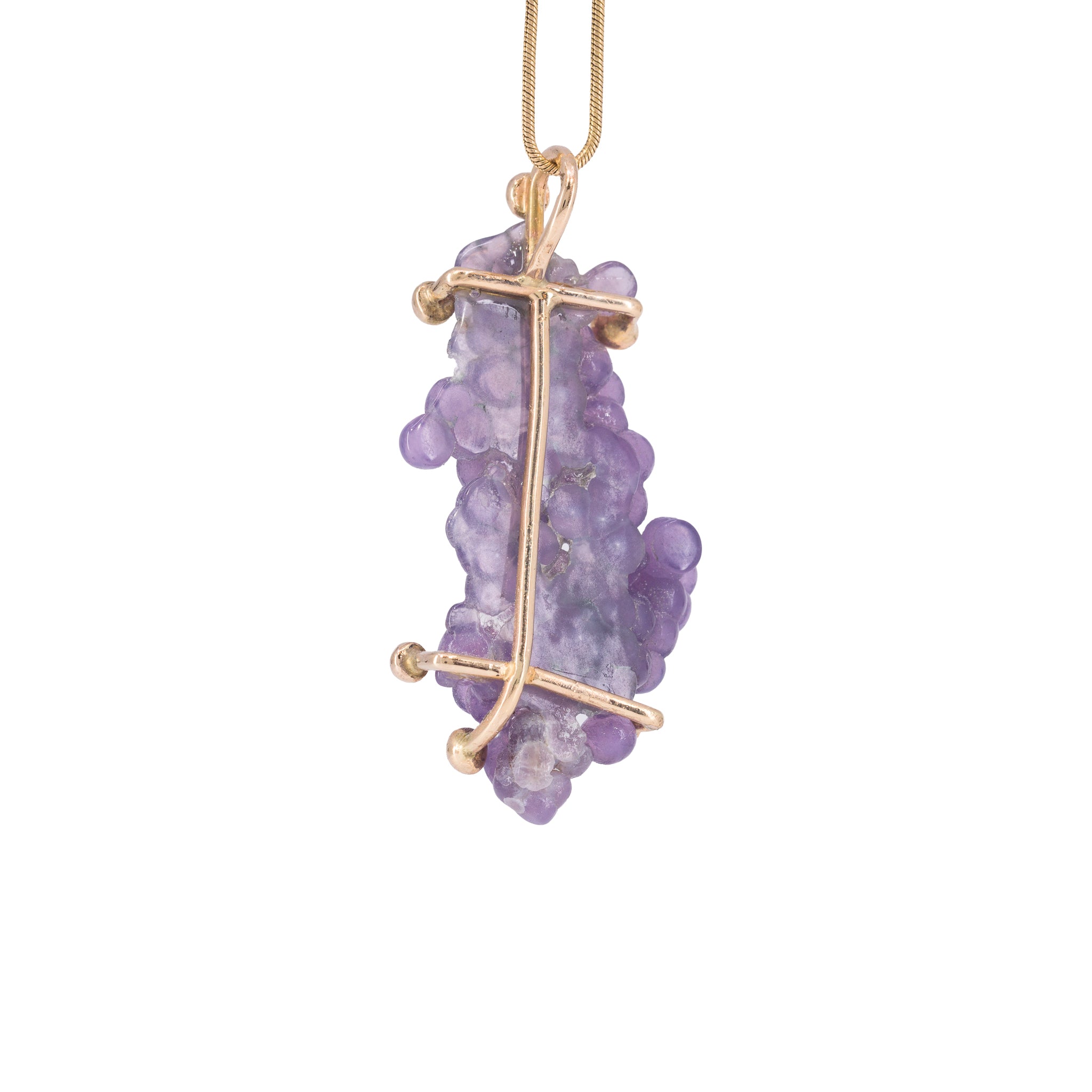 Botryoidal Grape Agate natural crystal pendant handcrafted in 14K, reverse view