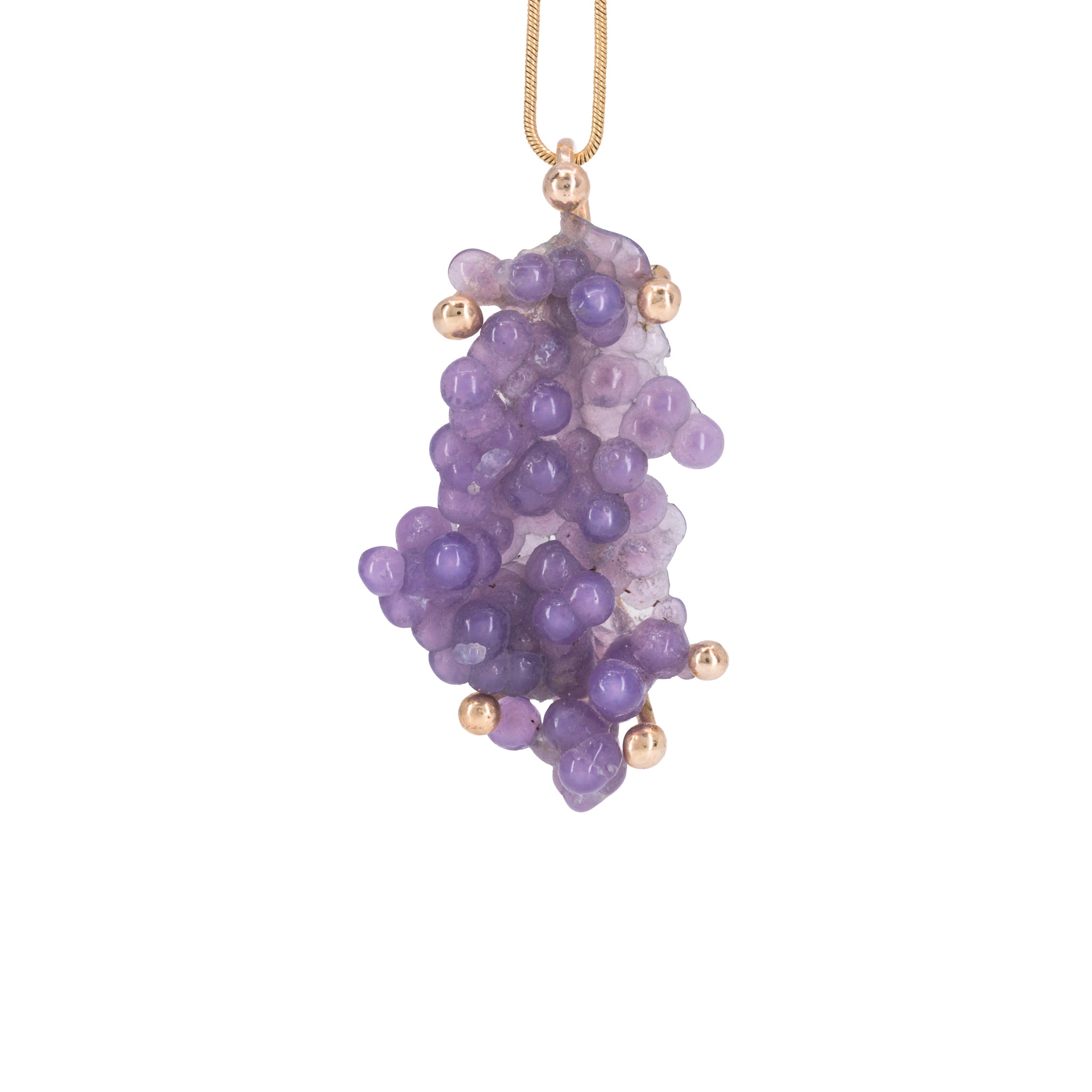 Botryoidal Grape Agate natural crystal pendant handcrafted in 14K, full front view
