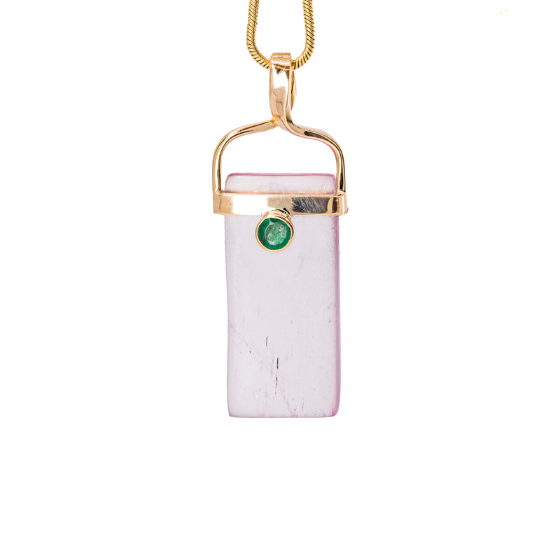 Kunzite & Emerald 15.15 Carat 14k Handcrafted Natural Crystal Pendant