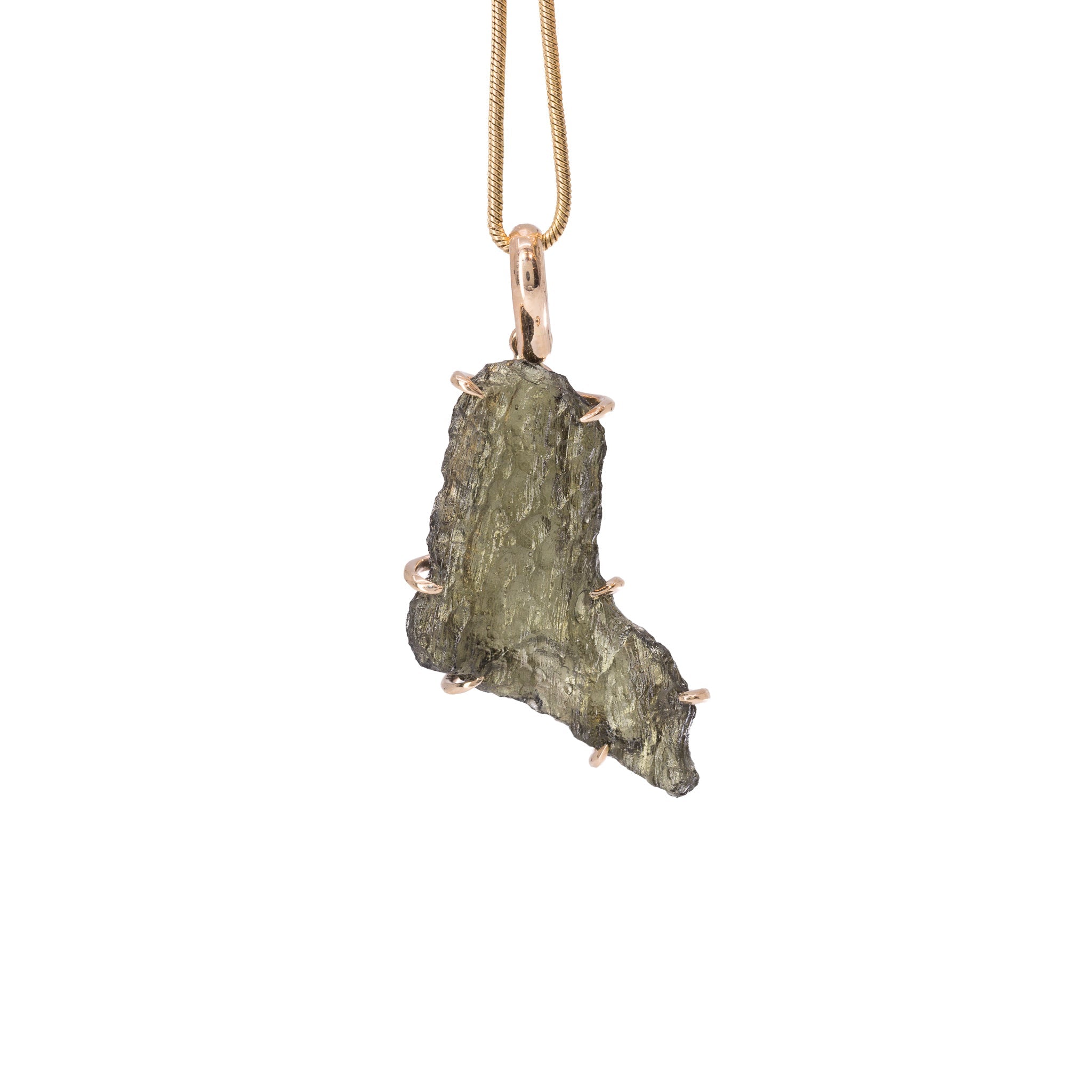 Front view of natural Moldavite crystal pendant in handcrafted 14K gold