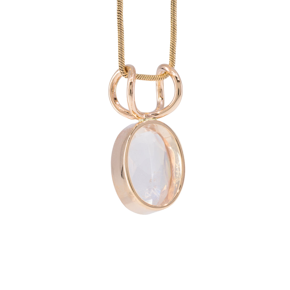 Reverse angled view of faceted Moonstone charm pendant in 14K gold