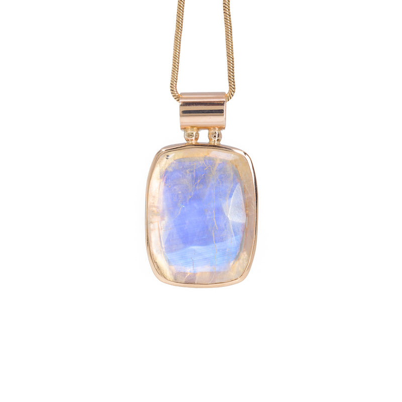 Rose-cut Moonstone natural crystal pendant in 14k gold, front view