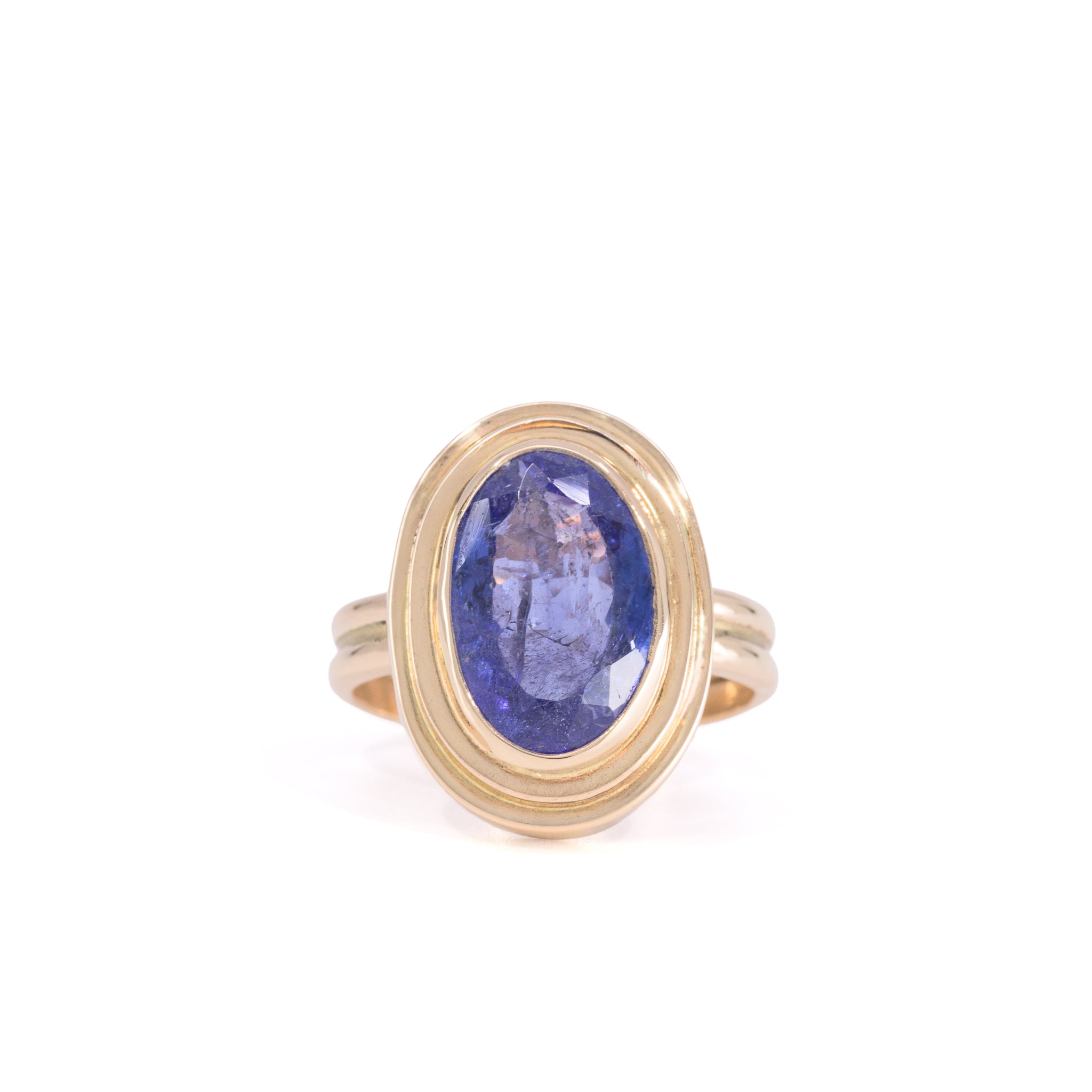 Faceted Tanzanite ring handcrafted in 14K, straight front view