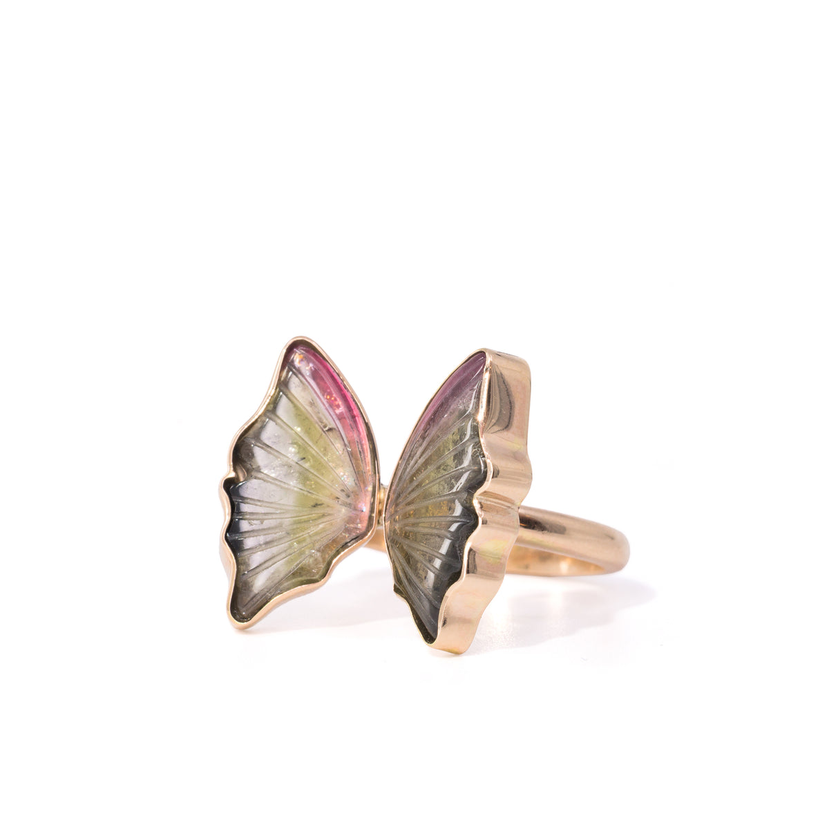 Watermelon Tourmaline 12.86 carat 14K gold butterfly ring, alternate view