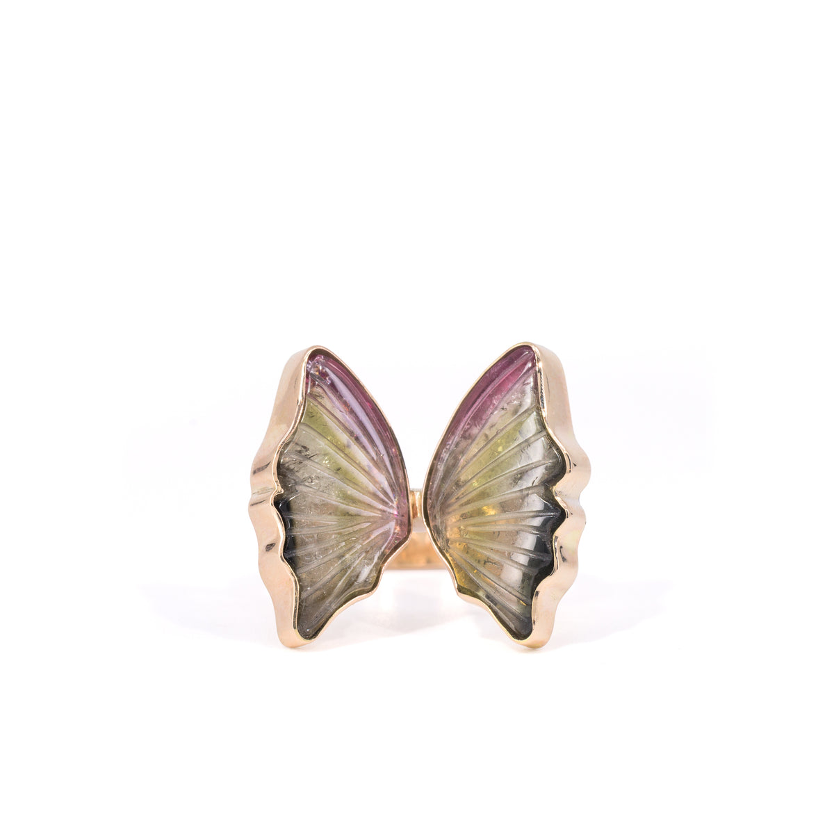 Watermelon Tourmaline 12.86 carat 14K gold butterfly ring, side view