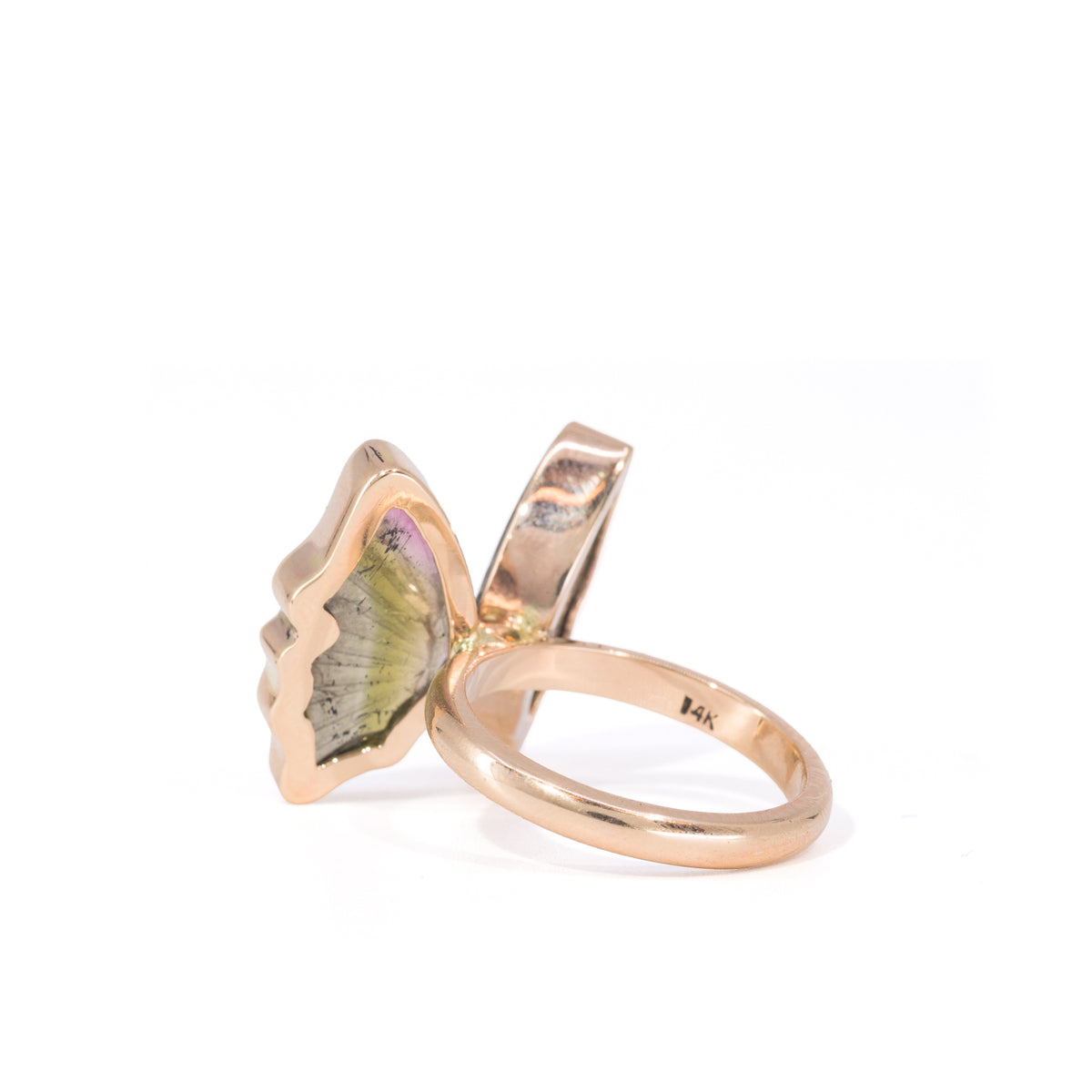 Watermelon Tourmaline 12.86 carat 14K gold butterfly ring, detail view