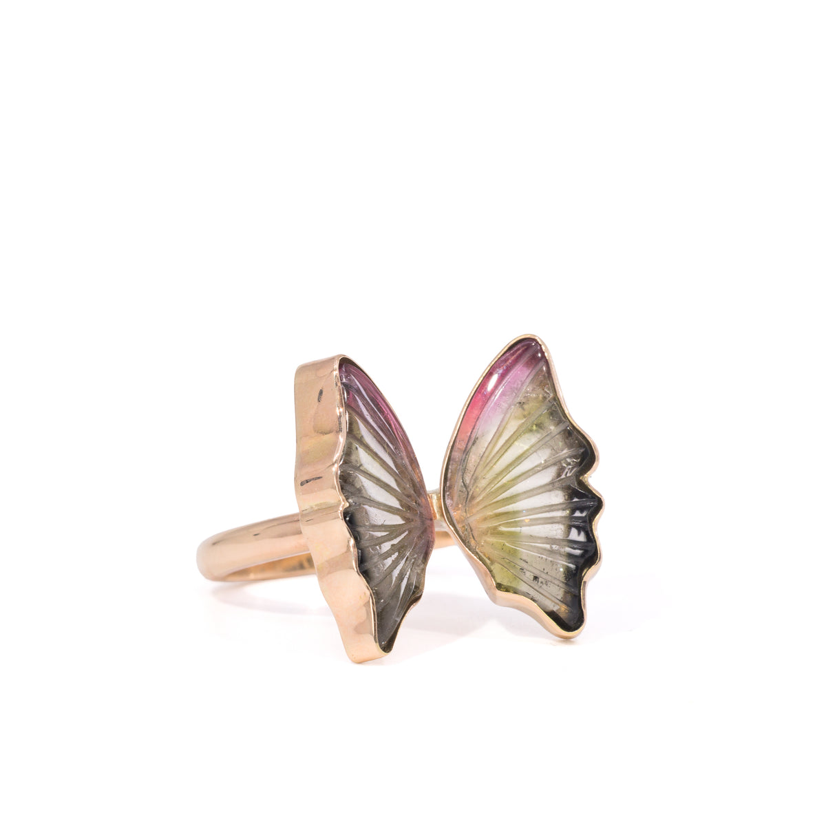 Watermelon Tourmaline 12.86 carat 14K gold butterfly ring, front view