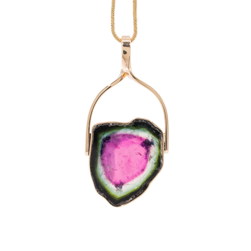 Watermelon Tourmaline 12.83 Carat 14k Handcrafted Gem Crystal Slice Pendant