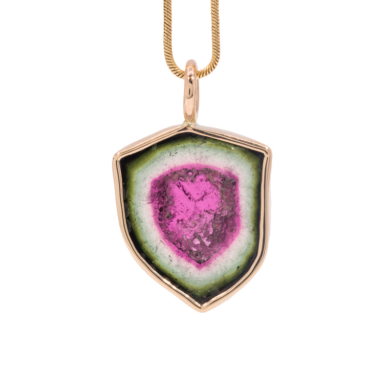 Watermelon Tourmaline 12.36 Carat 14k Handcrafted Gem Crystal Slice Pendant