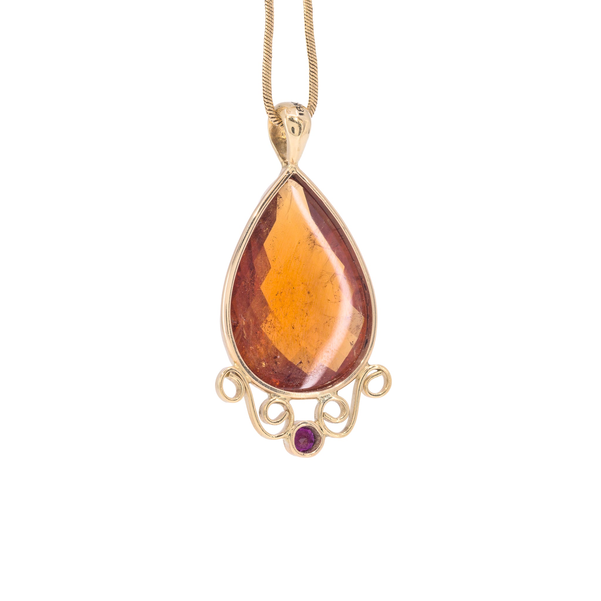 Spessartine Garnet and Ruby pendant handcrafted in 18K, reverse view