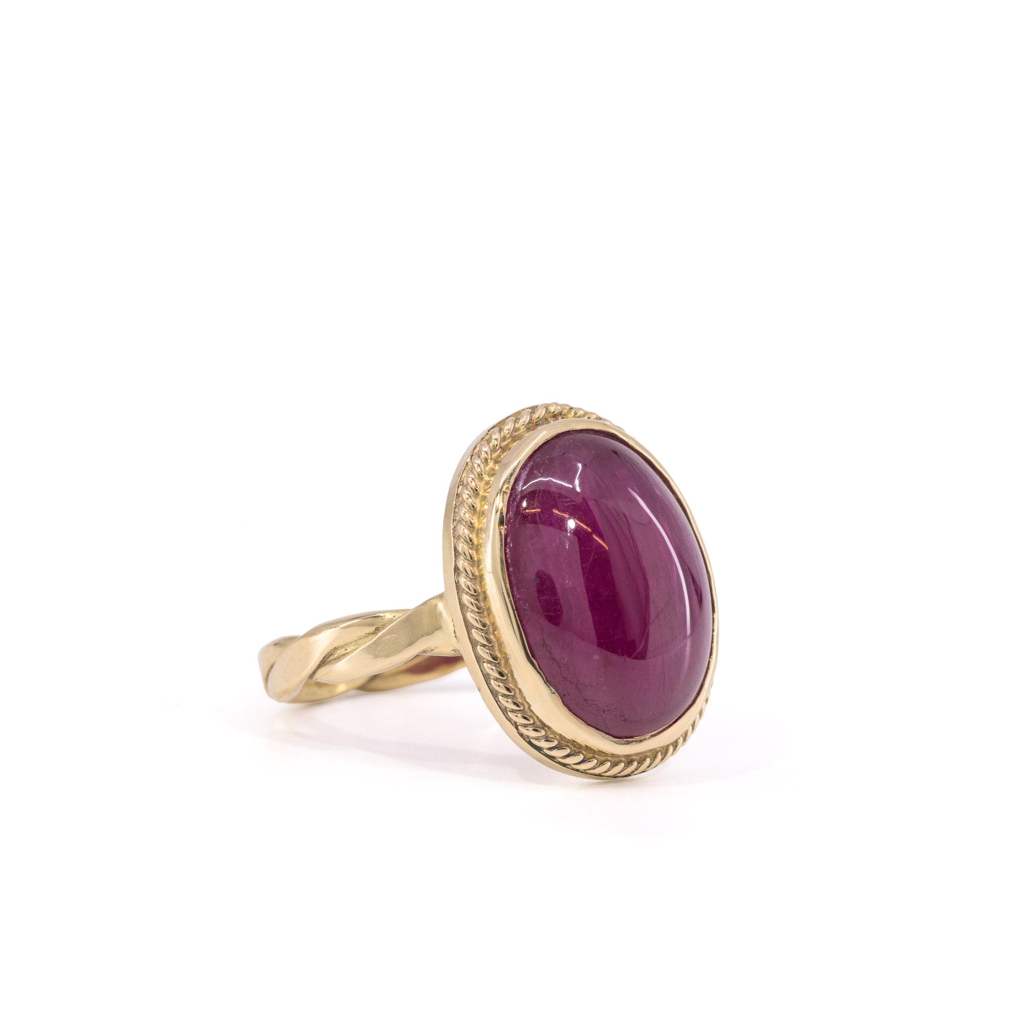 Tanzanian Ruby 14.17 Carat ring handcrafted in 22K, front three-quarter view