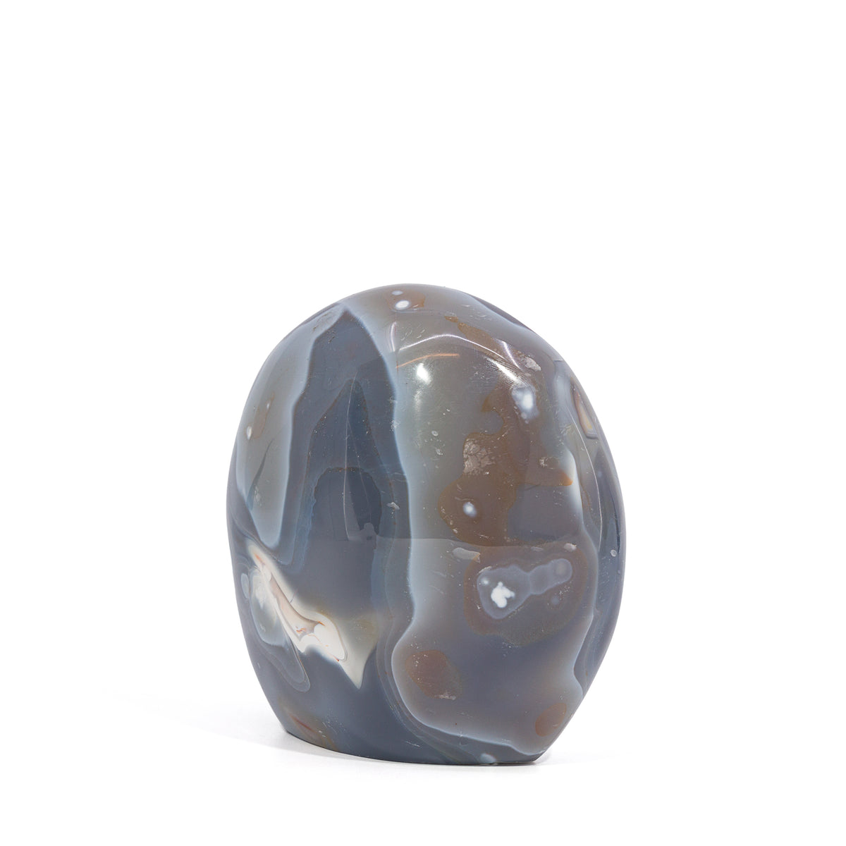 Front angle of polished Blue Agate freeform from Madagascar