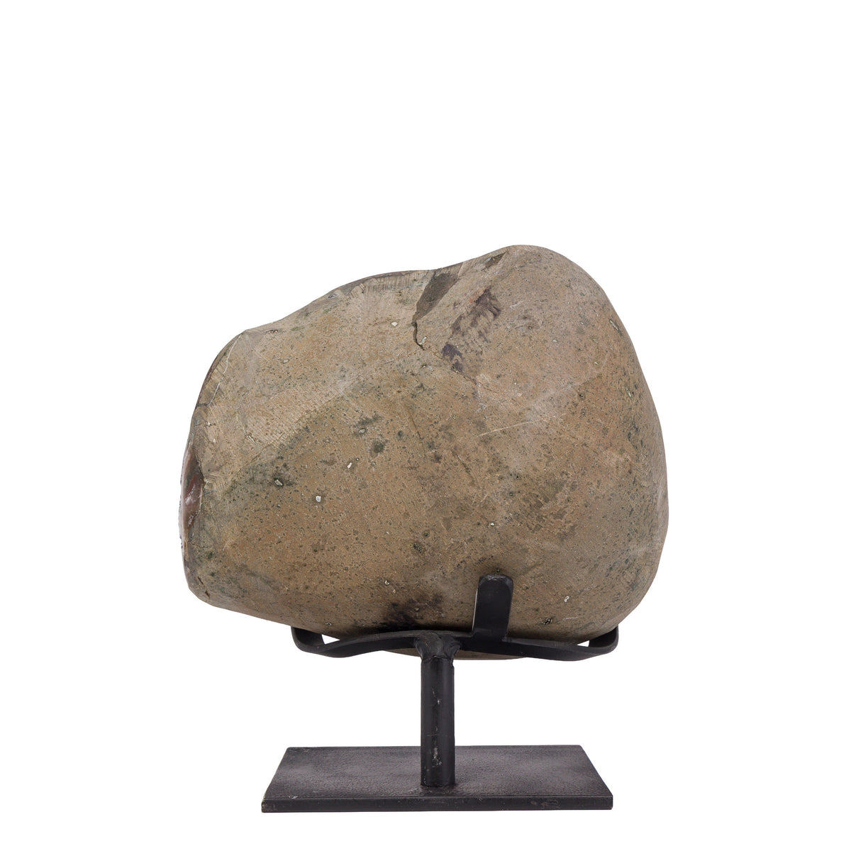 Wide Amethyst geode displayed on a black metal stand, reverse view