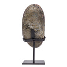 Deep purple Amethyst geode displayed on a black metal stand, reverse view