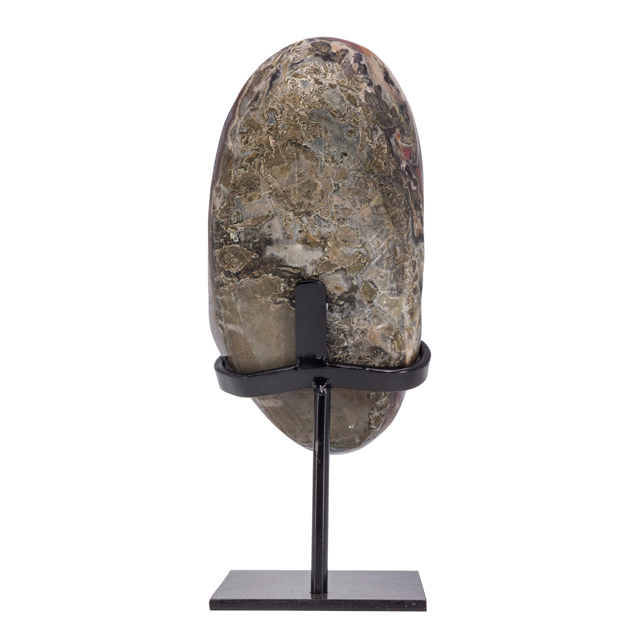 Deep purple Amethyst geode displayed on a black metal stand, reverse view