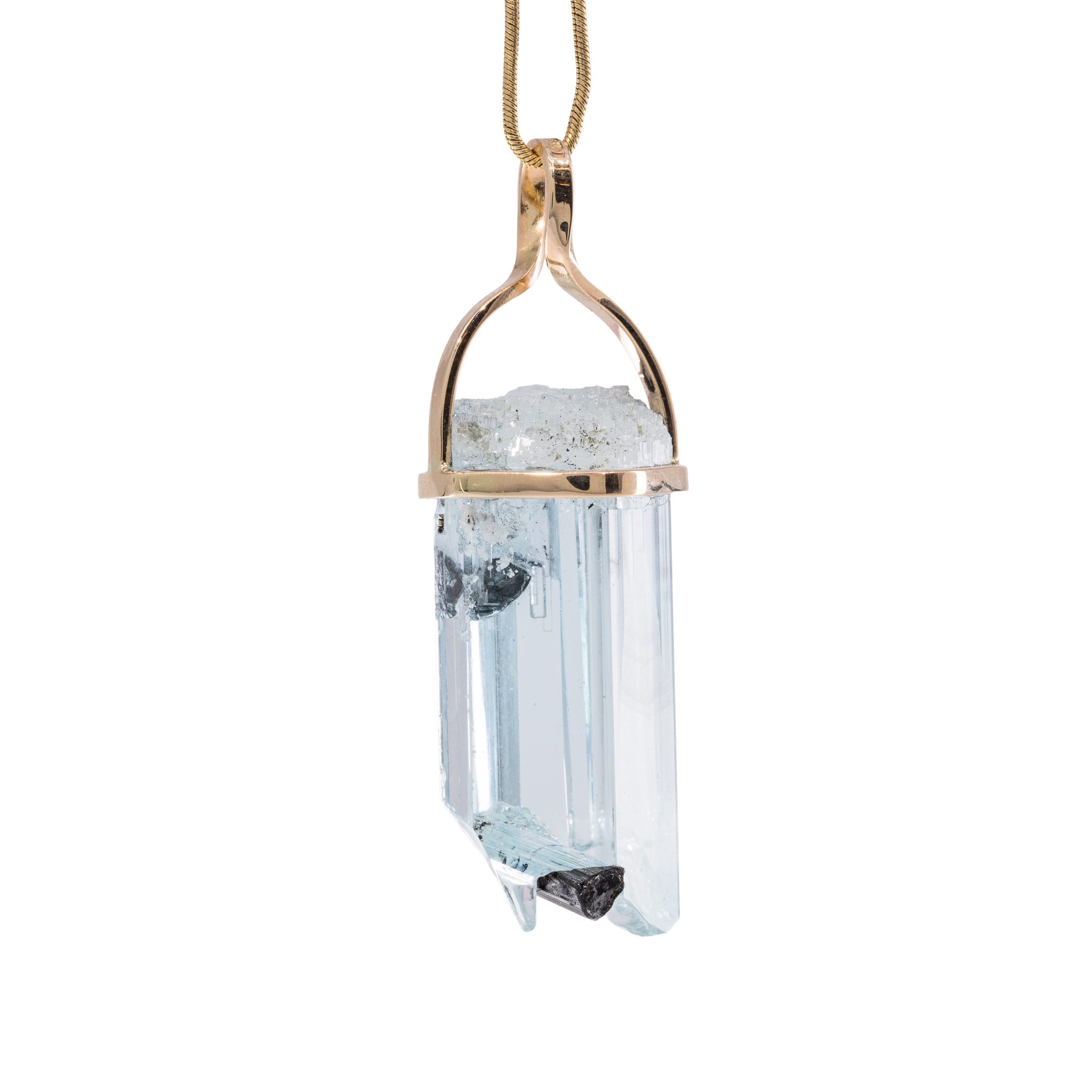 Alternate view of pale blue Aquamarine pendant with Black Tourmaline crystals