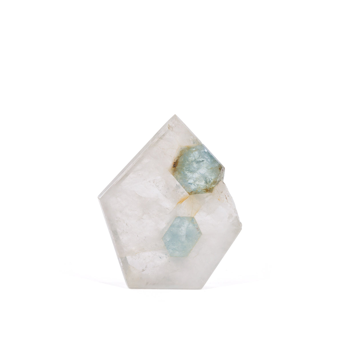 Polished Quartz slice with two pale blue Aquamarine crystals, reverse view