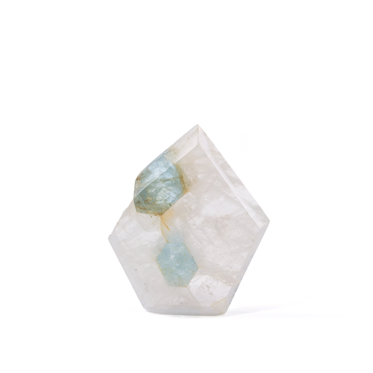 Polished Quartz slice with two pale blue Aquamarine crystals, front view