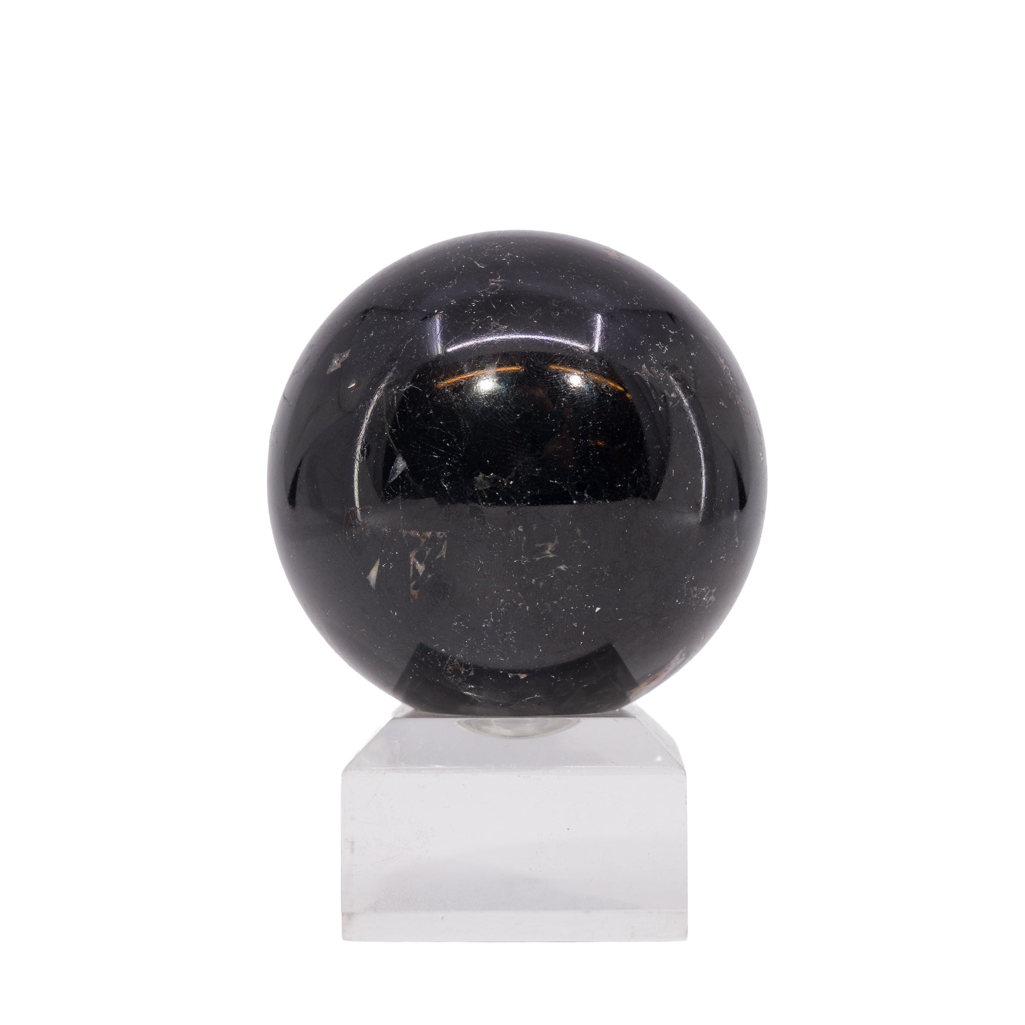 Front view of polished Black Tourmaline crystal sphere NNL-010