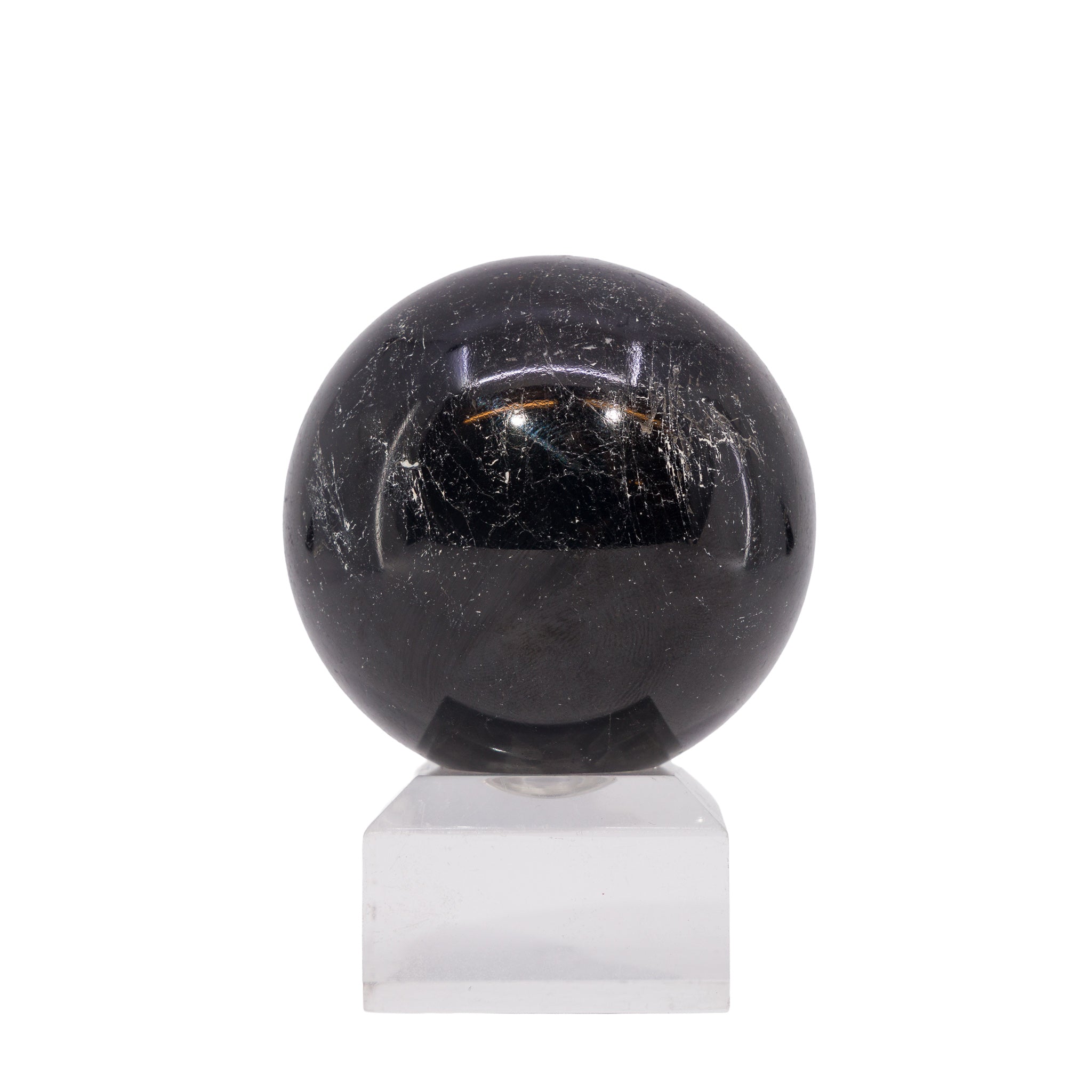 Front view of polished Black Tourmaline crystal sphere NNL-010A