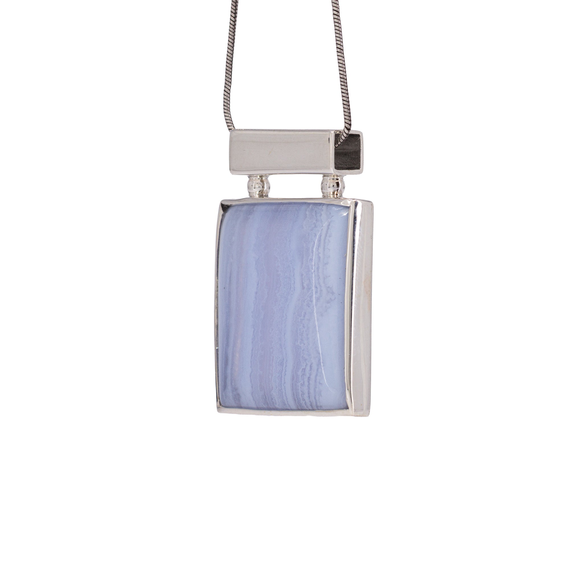 Angled view of banded Blue Lace Agate pendant in Sterling Silver