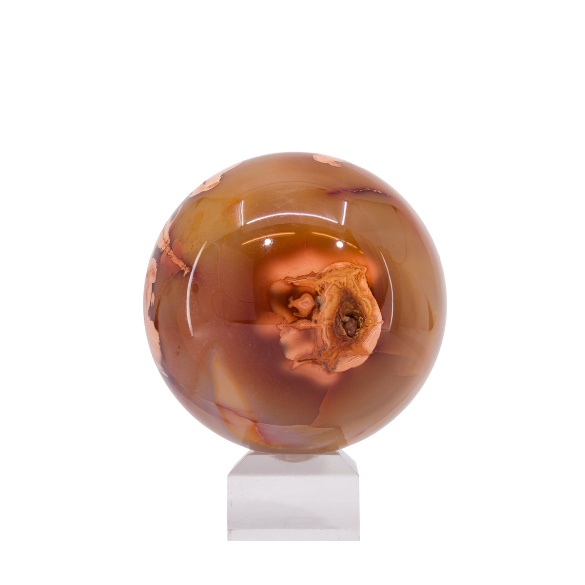 Carnelian 933 gram 3.4 inch polished crystal sphere, detail view