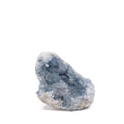 Angled view into elongated Celestite geode with clustered blue crystal points