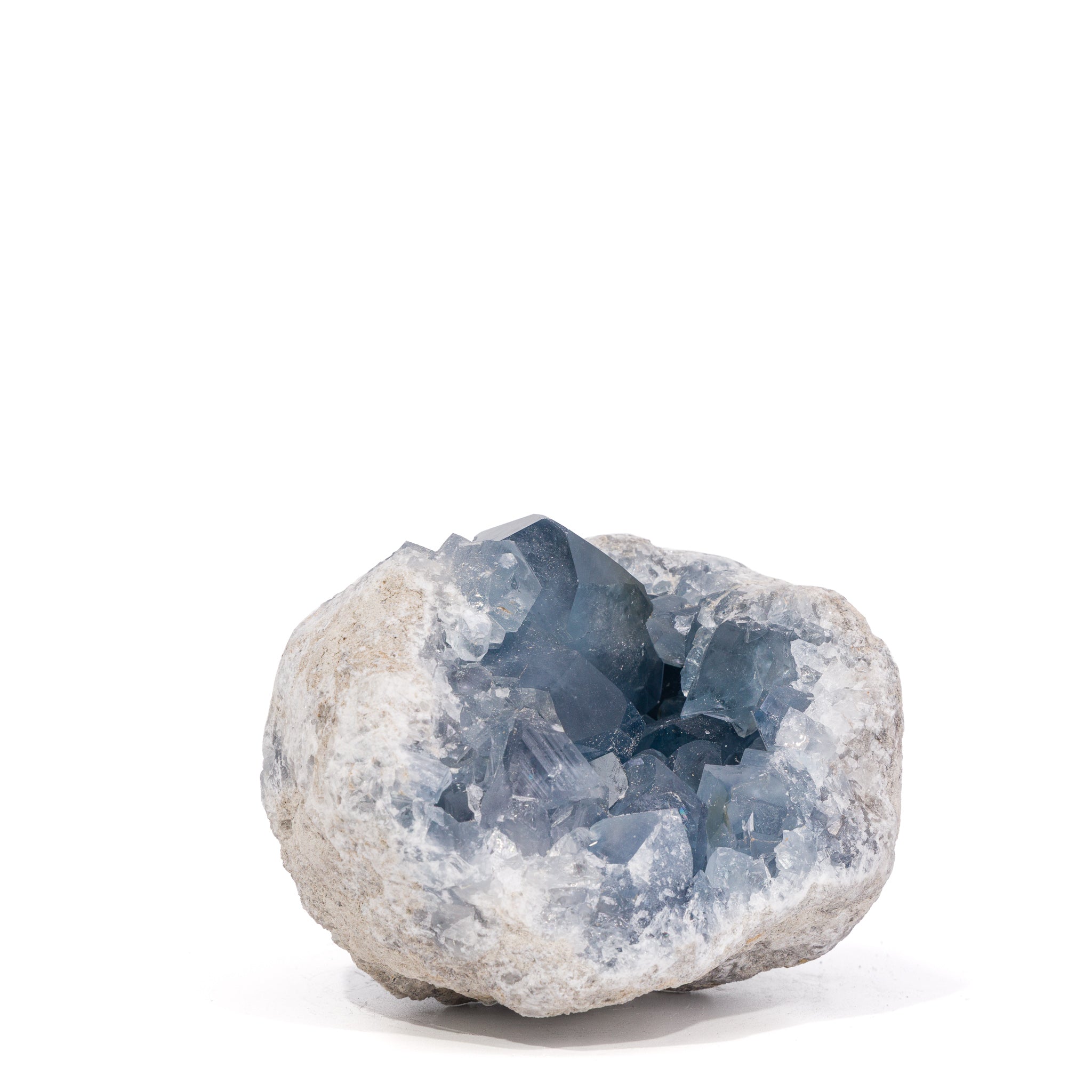 Angled view into bowl-shaped Celestite geode with prominent crystal points